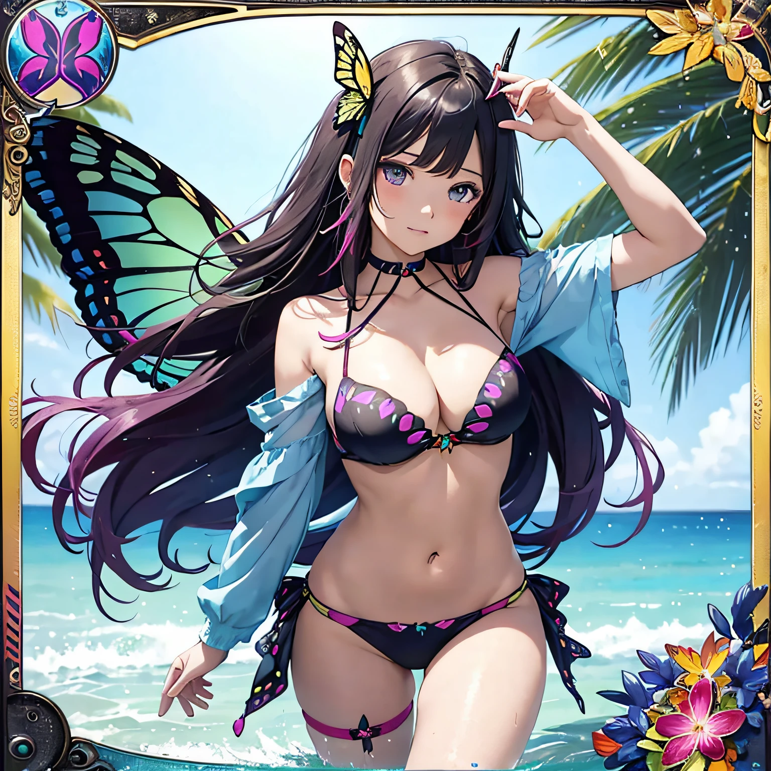 colorful butterfly,Girl,Bikini,Upper body,,(Detailed face:1.2), (Medium breasts),(cleavage),(thigh band),Long hair,Asymmetrical bangs,Tarot border,The portrait is centered,(without weapons),(bouncing breasts), --auto