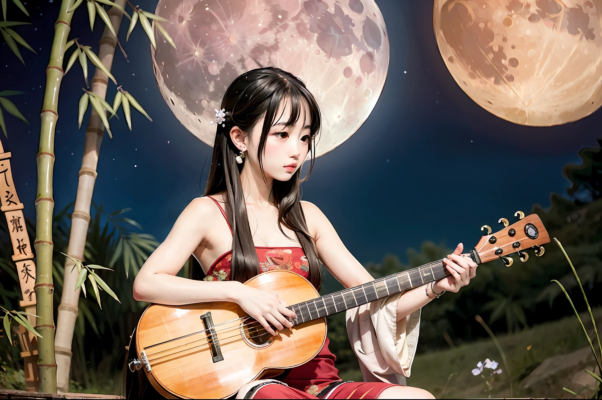 Moon Night,There is bamboo and there is a girl playing guzheng under the moon, The girl looked sad, Missing your distant husband, Realistic style