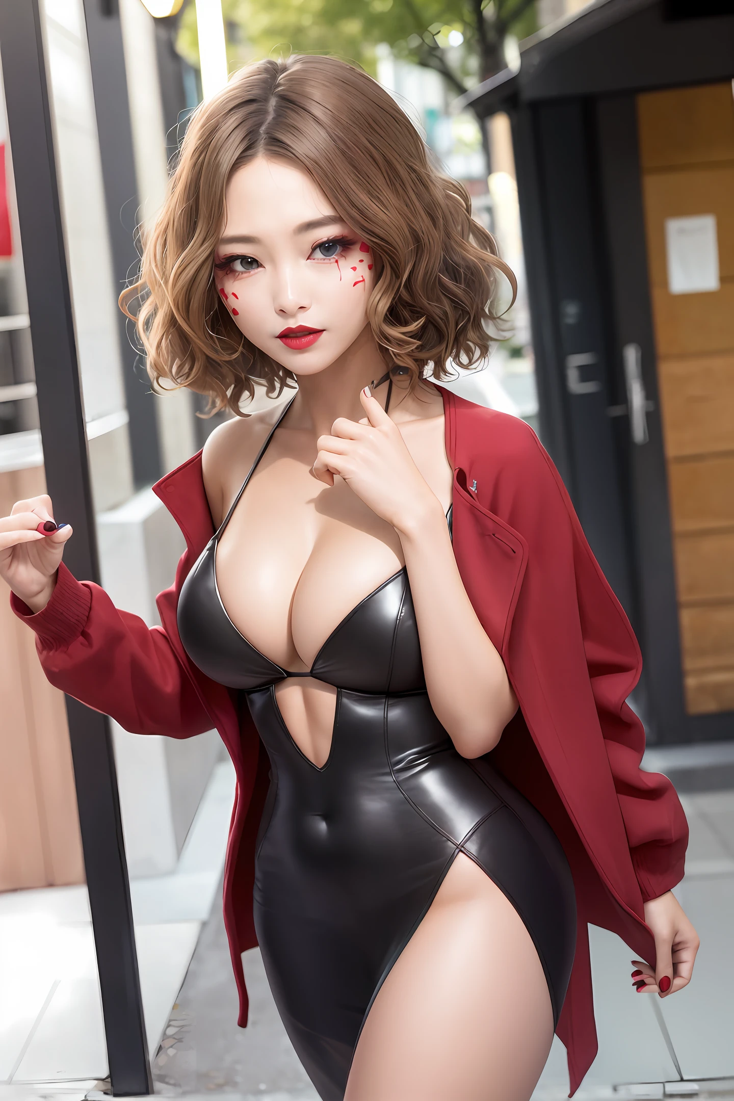 Very detailed CG unity 8k wallpaper，（tmasterpiece），（best qualtiy），（ultra - detailed），（Ultra photo realsisim），（best character detail：1.36），Nikon D750 f / 1.4 55mm，dynamic angle，profesional lighting，photon maping，Radio City, physically-based renderingt, exteriors, busy street, looking at viewert, Be red in the face, 1girl, a matural female, A MILF, Tall body, the golden ratio,(Kpop idol),(Oil skin:1.2),(Oil skin:1.1), makeup,[:(high detailed face:1.2):0.2]:,PureErosFace_v1, ((Curly gray hair and sophisticated style)),(aegyo sal:1),(puffy eye),(eyeslashes:1.1), (cparted lips:1.1),red lipsticks,broad shoulder,(middlebreast:1.1),(cleavage:1.1),beast ear,(big assa:1.2),upper legs,Silk coat,song dynasty,song dynasty,Song costume，???? ?????