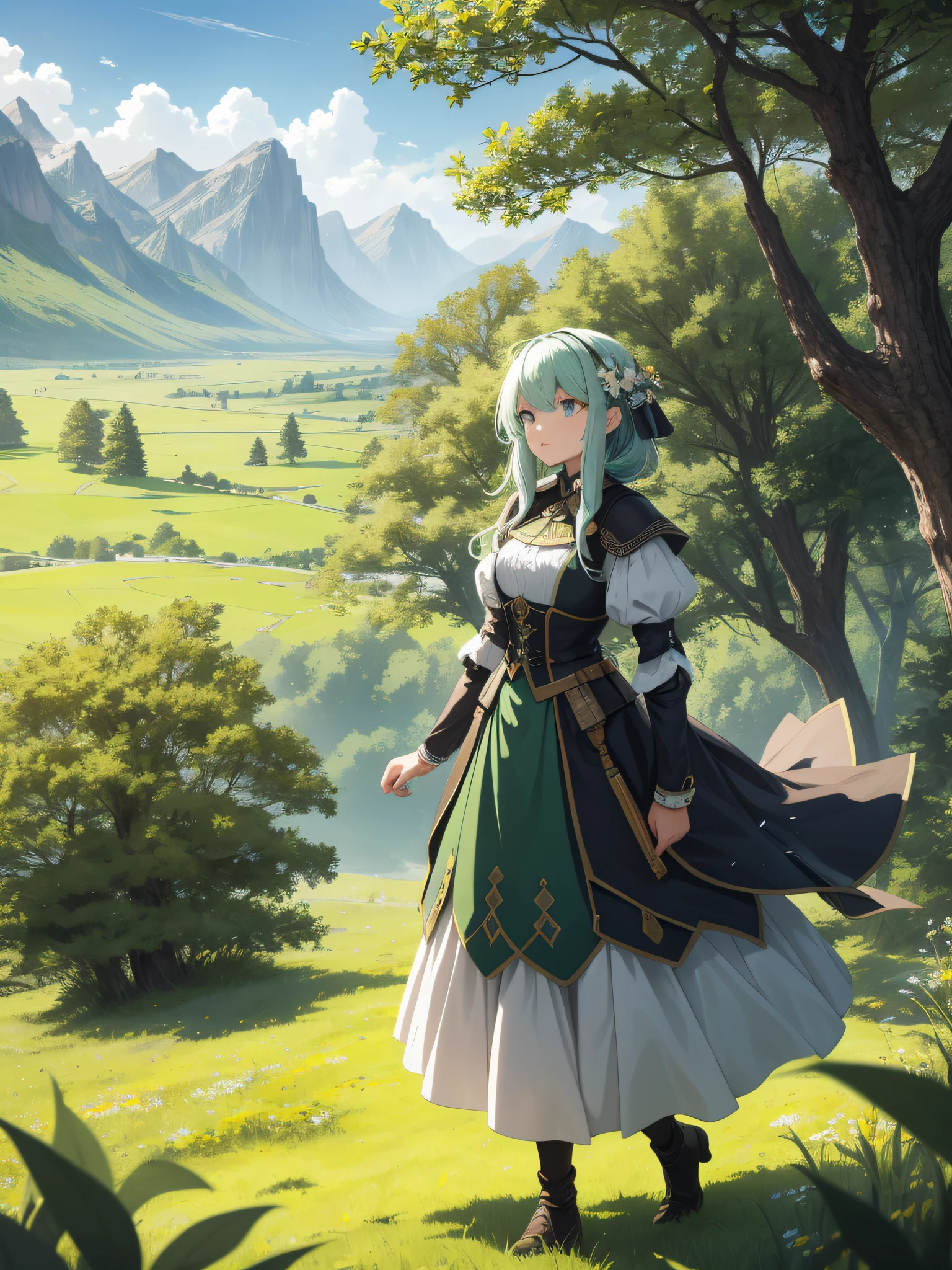 In a green meadow stands a girl leading a group of knights.
BREAK
With a brave expression, she guides them towards their destination.
BREAK
Behind her, a green forest stretches out and beyond that, mountains rise in the distance.
BREAK
The most suitable effect for this scene would be a watercolor painting technique to capture the softness of the meadow and the fluidity of the movement.