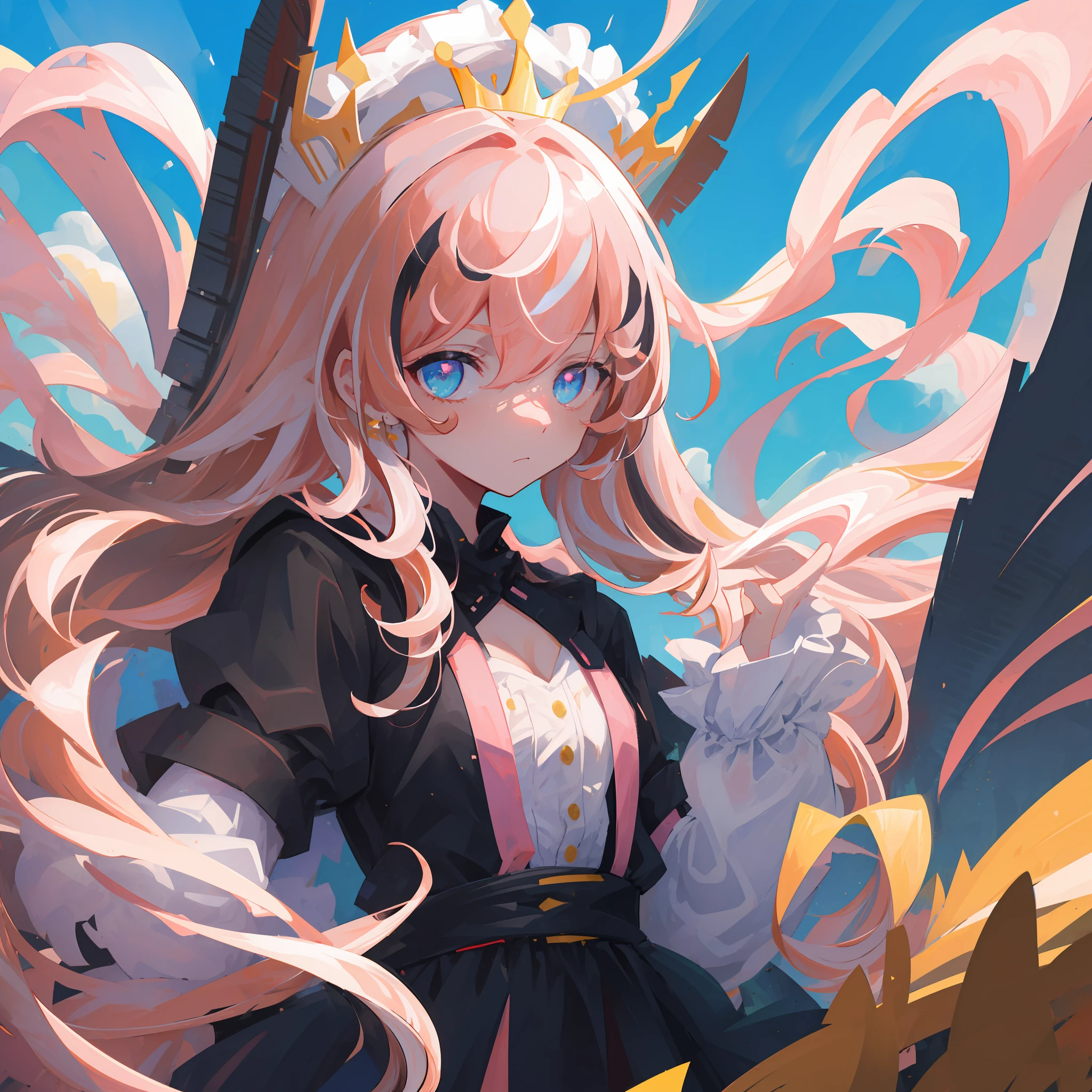 (portrait, looking at viewer:1.3), masterpiece, 8k wallpaper, absurdres, best quality, dynamic angle, cinematic lighting, 1girl, (small breasts), cute, delicate, (black hair, pink hair highlights:1.3), (sky blue dress:1.3), long hair, hair between eyes, sidelocks, crown braid, diadem, show shoulders, extremely reflective eyes, (extremely plain background, solid color background, yellow background:1.2)