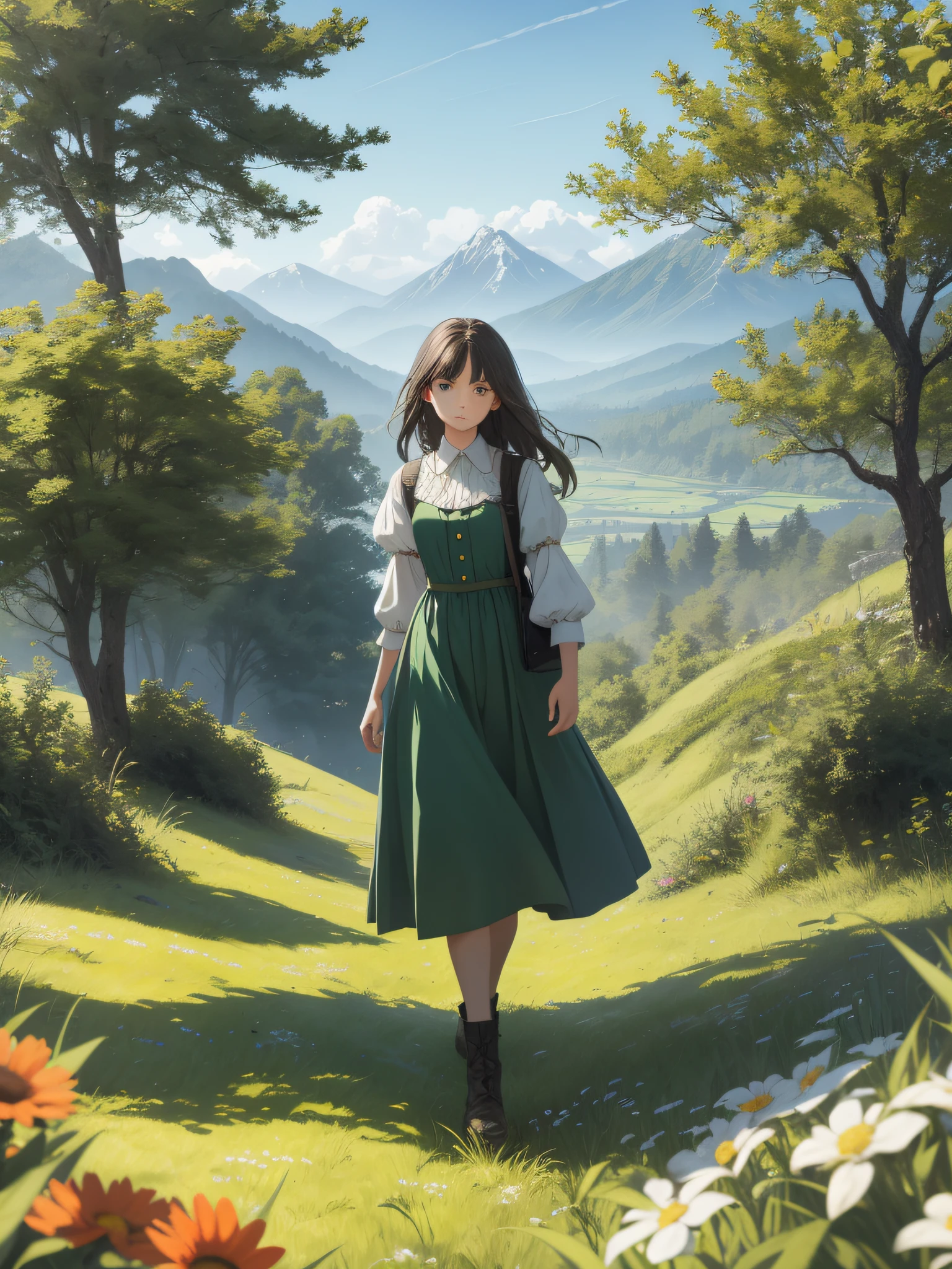 In a green meadow stands a girl leading a group of knights.
BREAK
With a brave expression, she guides them towards their destination.
BREAK
Behind her, a green forest stretches out and beyond that, mountains rise in the distance.
BREAK
The most suitable effect for this scene would be a watercolor painting technique to capture the softness of the meadow and the fluidity of the movement.