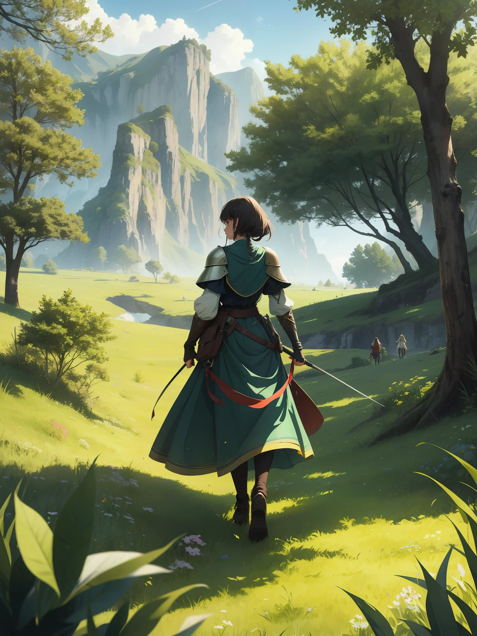 In a green meadow stands a girl leading a group of knights.
BREAK
With a brave expression, she guides them towards their destination.
BREAK
Behind her, a green forest stretches out and beyond that, mountains rise in the distance.
BREAK
The most suitable effect for this scene would be a watercolor painting technique to capture the softness of the meadow and the fluidity of the movement.
