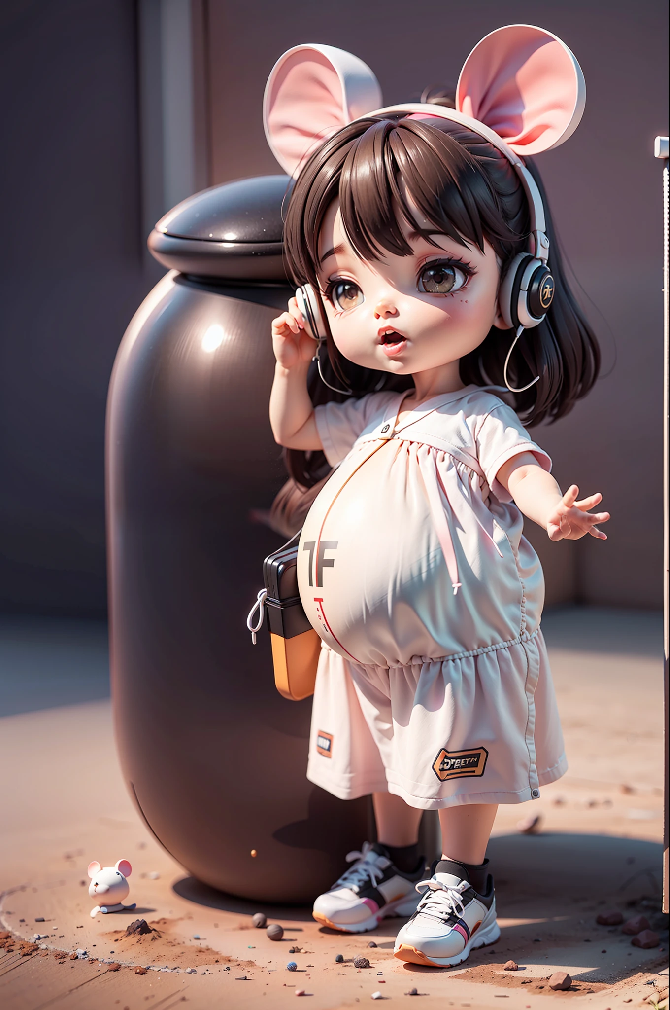 (Daisaku),(Need),(Super meticulous),(full bodyesbian:1.2),(soio),gray theme,Mouse magician Lori,adolable,Open-mouthed,Earphone,gravid，Pregnant women's tummy，Popmart blind box,Clay texture,Treading on the ground,Black and white background,natural  lightting,Best quality at best,Hyper-detailing,arte 3D,C4D, OC renderer, a 3D render, 8K