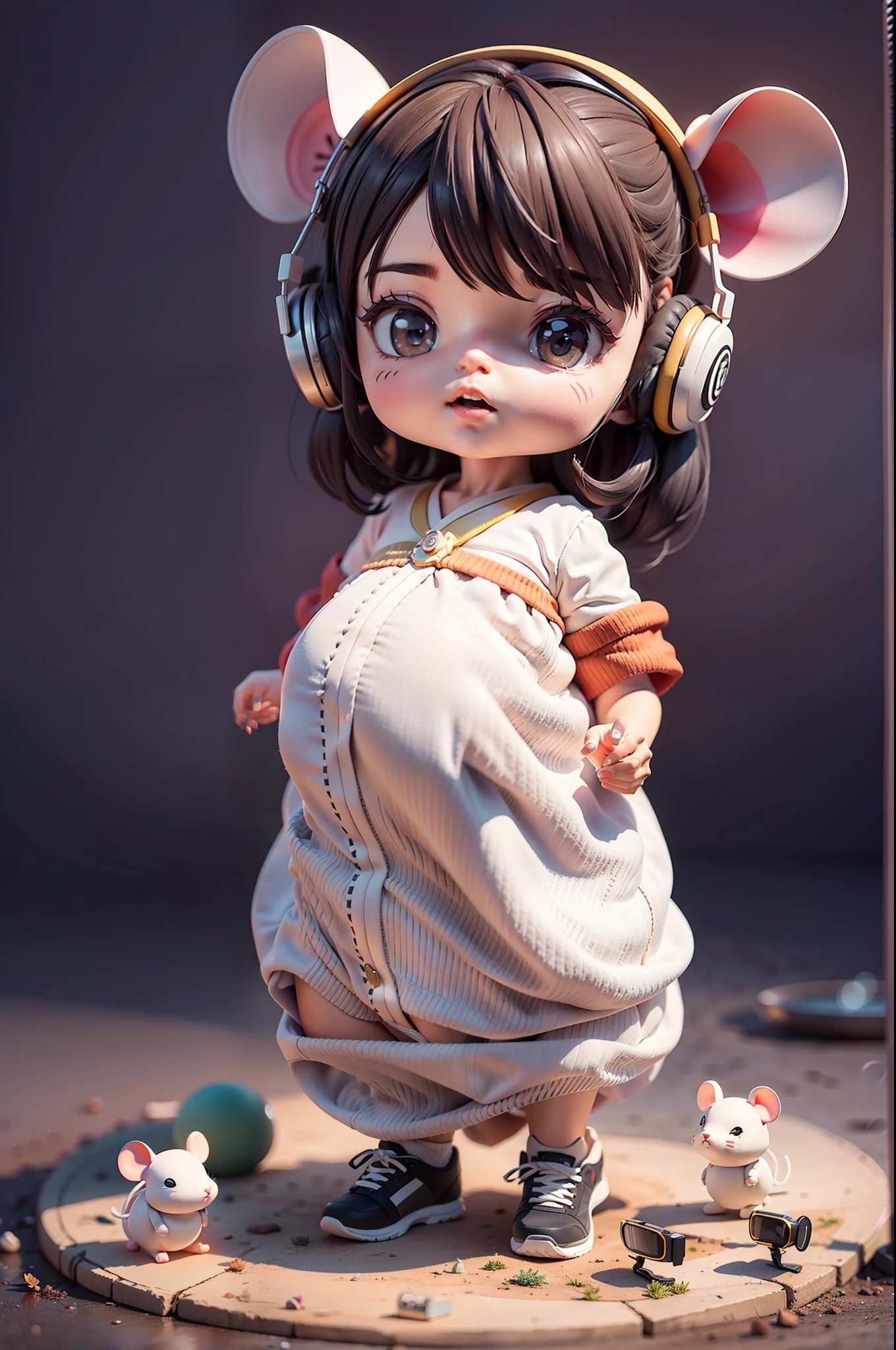 (Daisaku),(Need),(Super meticulous),(full bodyesbian:1.2),(soio),gray theme,Mouse magician Lori,adolable,Open-mouthed,Earphone,gravid,Pregnant women's tummy,Popmart blind box,Clay texture,Treading on the ground,Black and white background,natural lightting,Best quality at best,Hyper-detailing,arte 3D,C4D, OC renderer, a 3D render, 8K
Wait for it to start