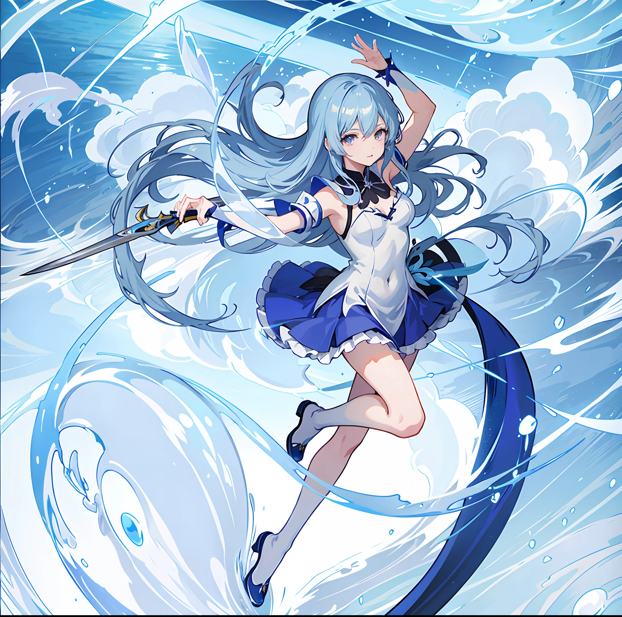 Anime girl in blue dress with sword and sword in water, Official artwork, Ayaka Genshin impact, Splash art anime Loli, Moe, mayuri shiina, high detailed official artwork, Official anime artwork, hq artwork, ayaka game genshin impact, full art, offcial art, Hestia, ice spell, tsuaii, promo art