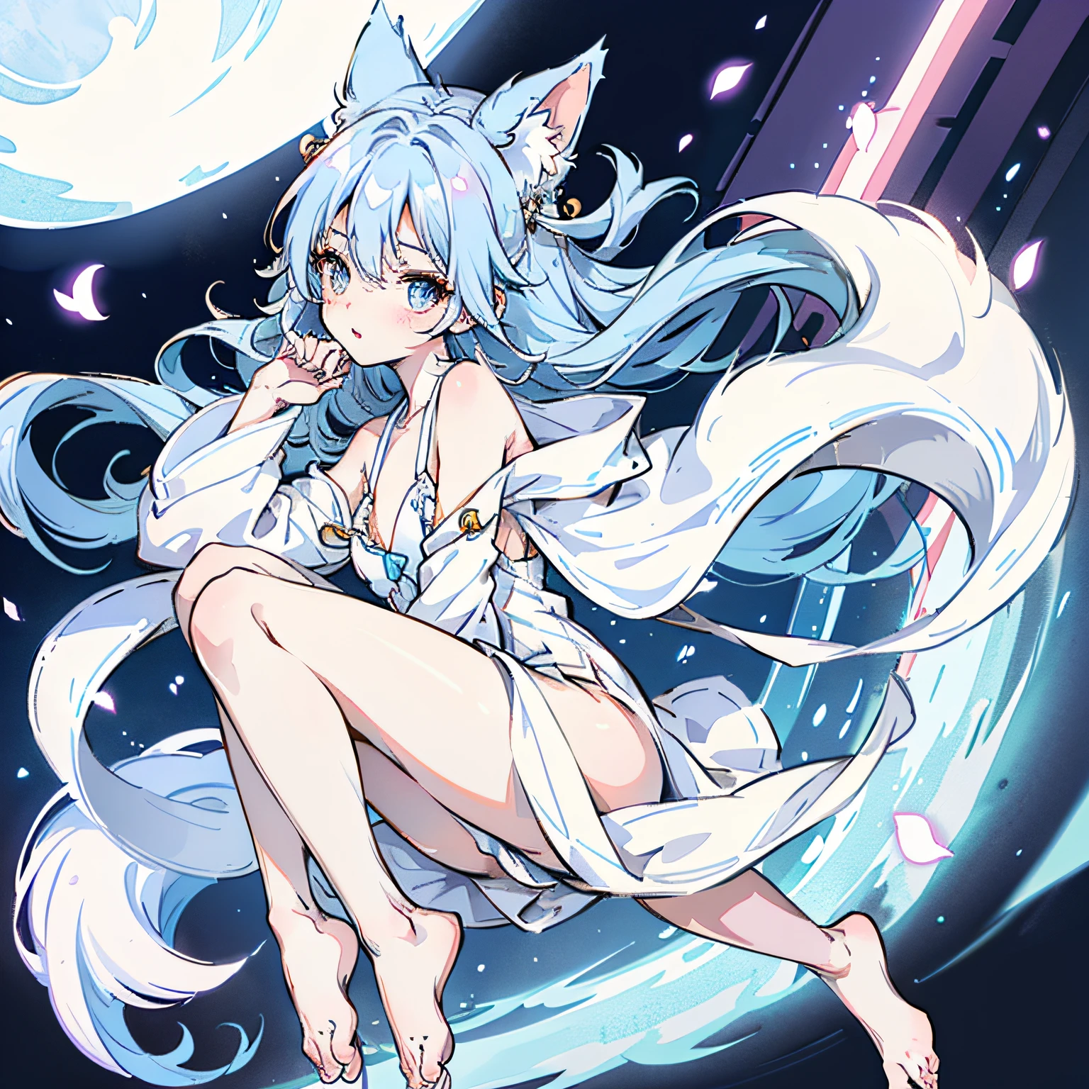 Anime shoujo cute big eye blush,Cute fox ears,耳Nipple Ring,White-blue hair,White long legs and bare feet,White and blue dress, --auto