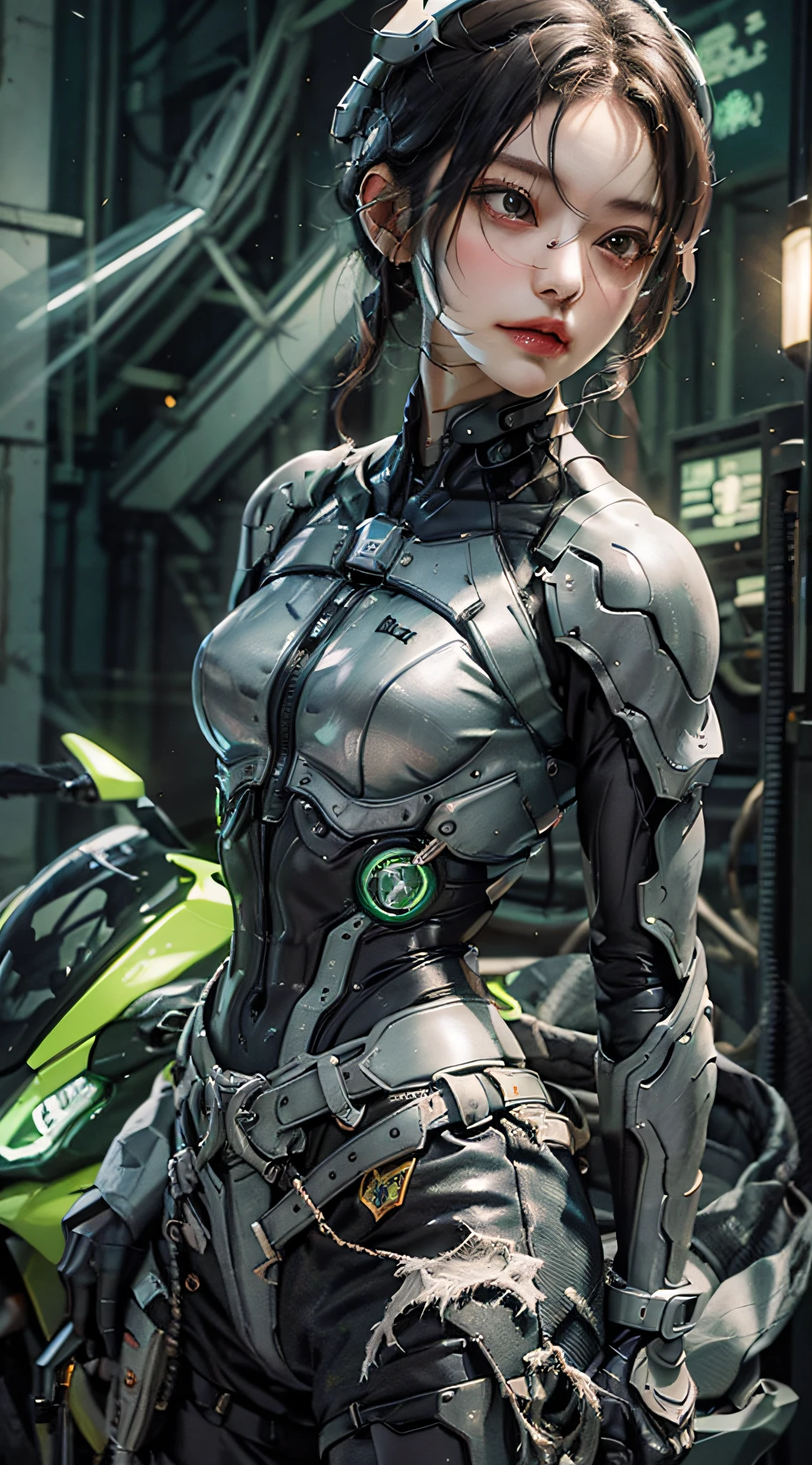 Highest image quality,Outstanding details,超高分辨率,(fidelity:1.4),The best illustration,Favor the details,Highly cohesive 1girl,He has a delicate and beautiful face,Dressed in a black-green mech,Hold the direction controller,Ride on a mech motorcycle,The background is a high-tech lighting scene in the future city。