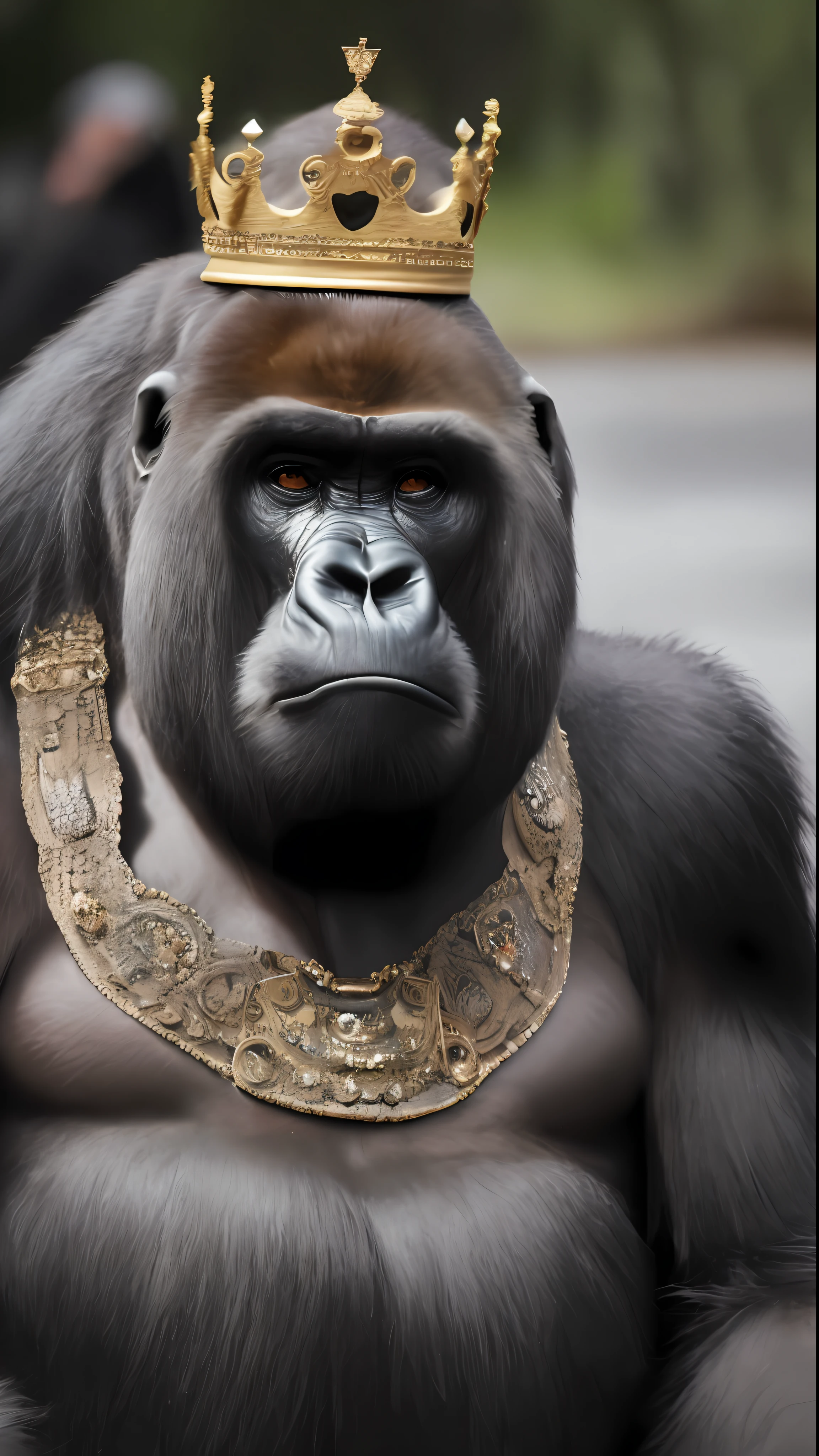 A very large gorilla with a king's crown on its head