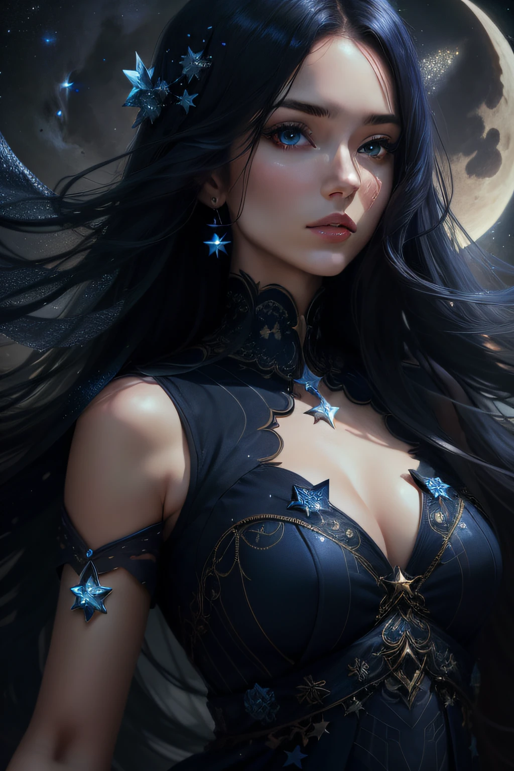 beautiful woman balanced on the quarter moon, normal legs, stars in a beautiful night sky, the image is to be generated, flowing blue star light dress, with a high-resolution 16k, using a virtual 85mm lens, with a focus on sharpness and depth-of-field --auto