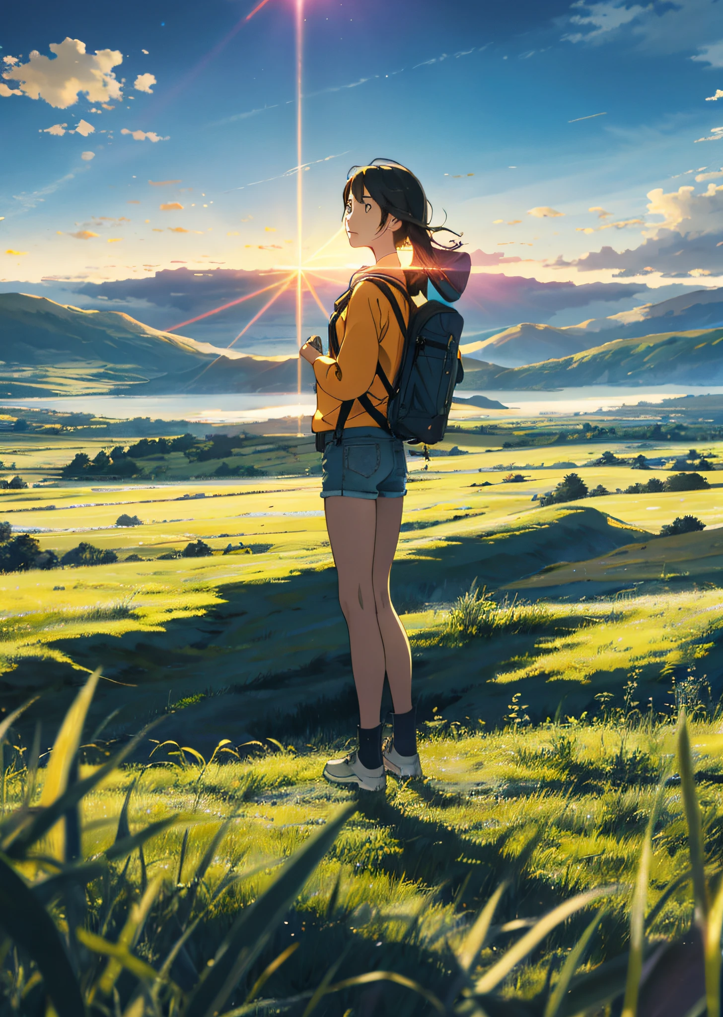The vast sky, beautiful skyline, large grasslands, extremely tense and dramatic pictures, moving visual effects, the high-hanging Polaris, and colorful natural light. Long-sleeved top, denim shorts, and a girl with a backpack.