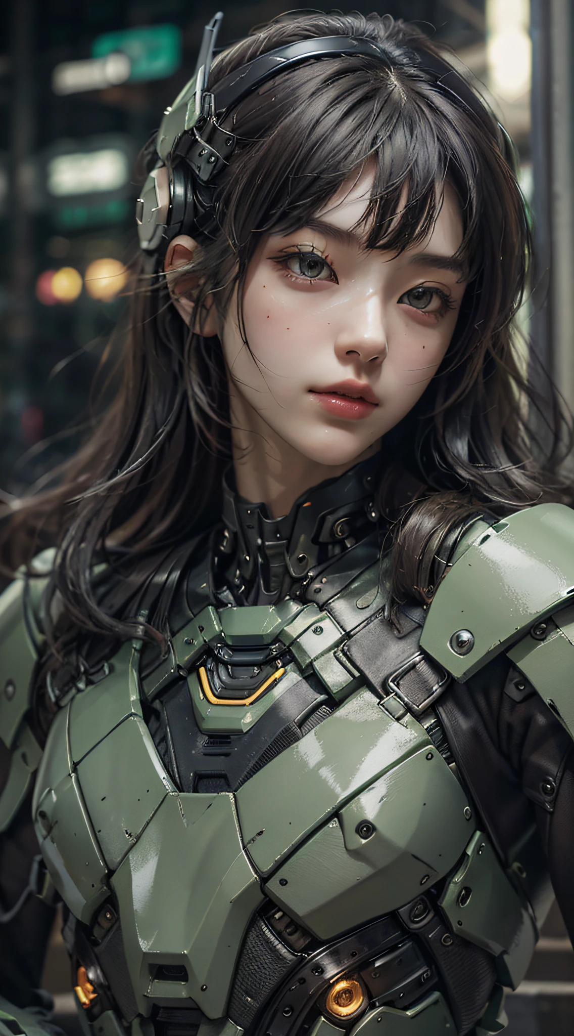 Highest image quality，Outstanding details，超高分辨率，（fidelity：1.4），The best illustration，Favor the details，Highly cohesive 1girl，He has a delicate and beautiful face，Dressed in a black-green mech，Hold the direction controller，Ride on a mech motorcycle，The background is a high-tech lighting scene in the future city。