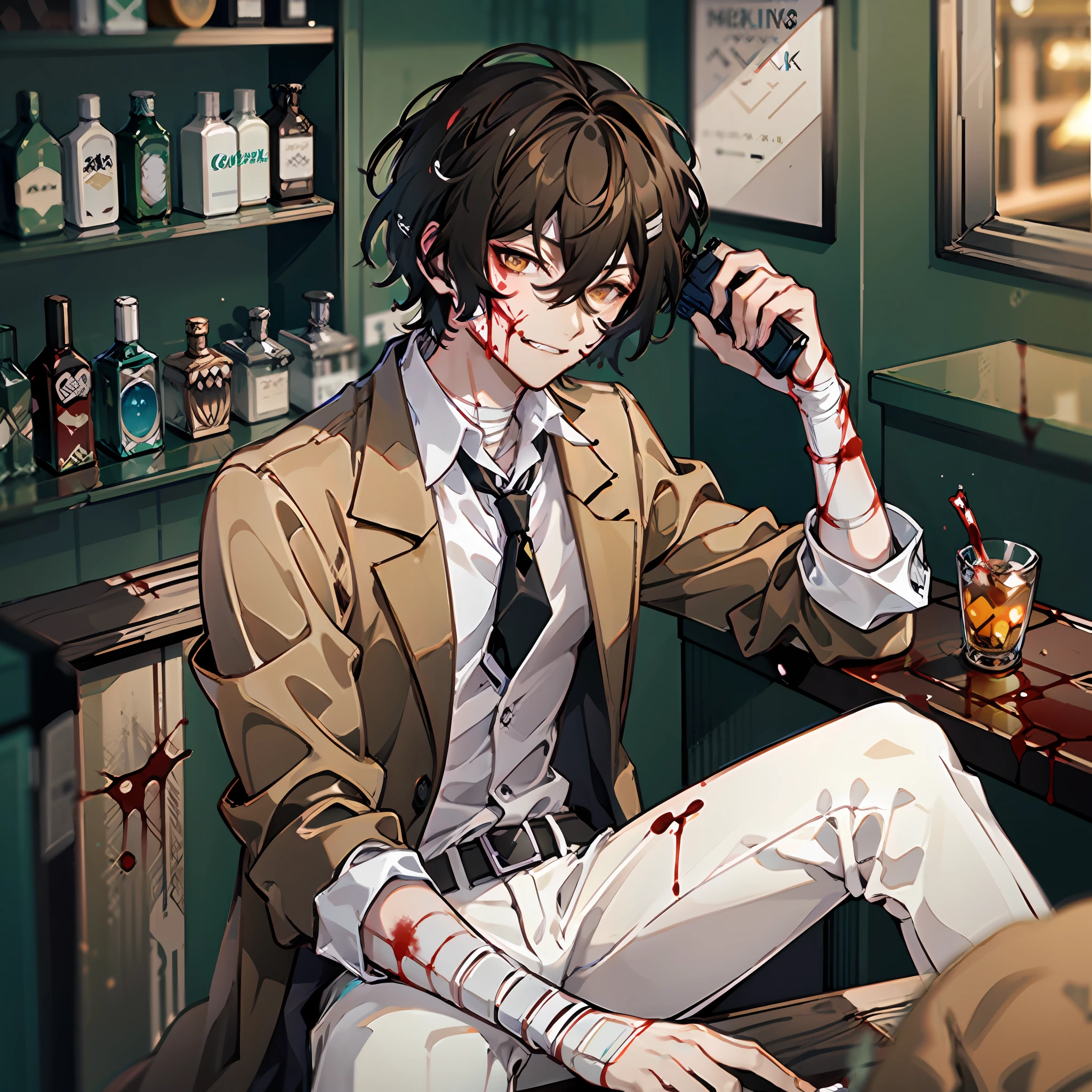 (masterpiece, best quality:1.2), cowboy shot, solo, male focus, 1boy, dazai osamu, brown jacket, white pants, bandages, (blood:1.1), sitting in a bar, dark, sitting, smirk, glowing eyes, gun on table, blood splash on face, mafia, holding gun to his own head, toungle out, (pistol:1.1), gun in hand, gun, gun to head, holding gun to head, holding gun, better lines, highest quality, ultra beautiful, better looking pistol, pistol, 4K, Wallpaper