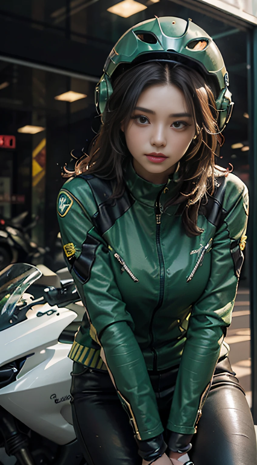 Highest image quality, outstanding details, ultra-high resolution, (realism: 1.4), the best illustration, favor details, highly condensed 1girl, with a delicate and beautiful face, dressed in a black and green mecha, wearing a mecha helmet, holding a directional controller, riding on a motorcycle, the background is a high-tech lighting scene of the future city.