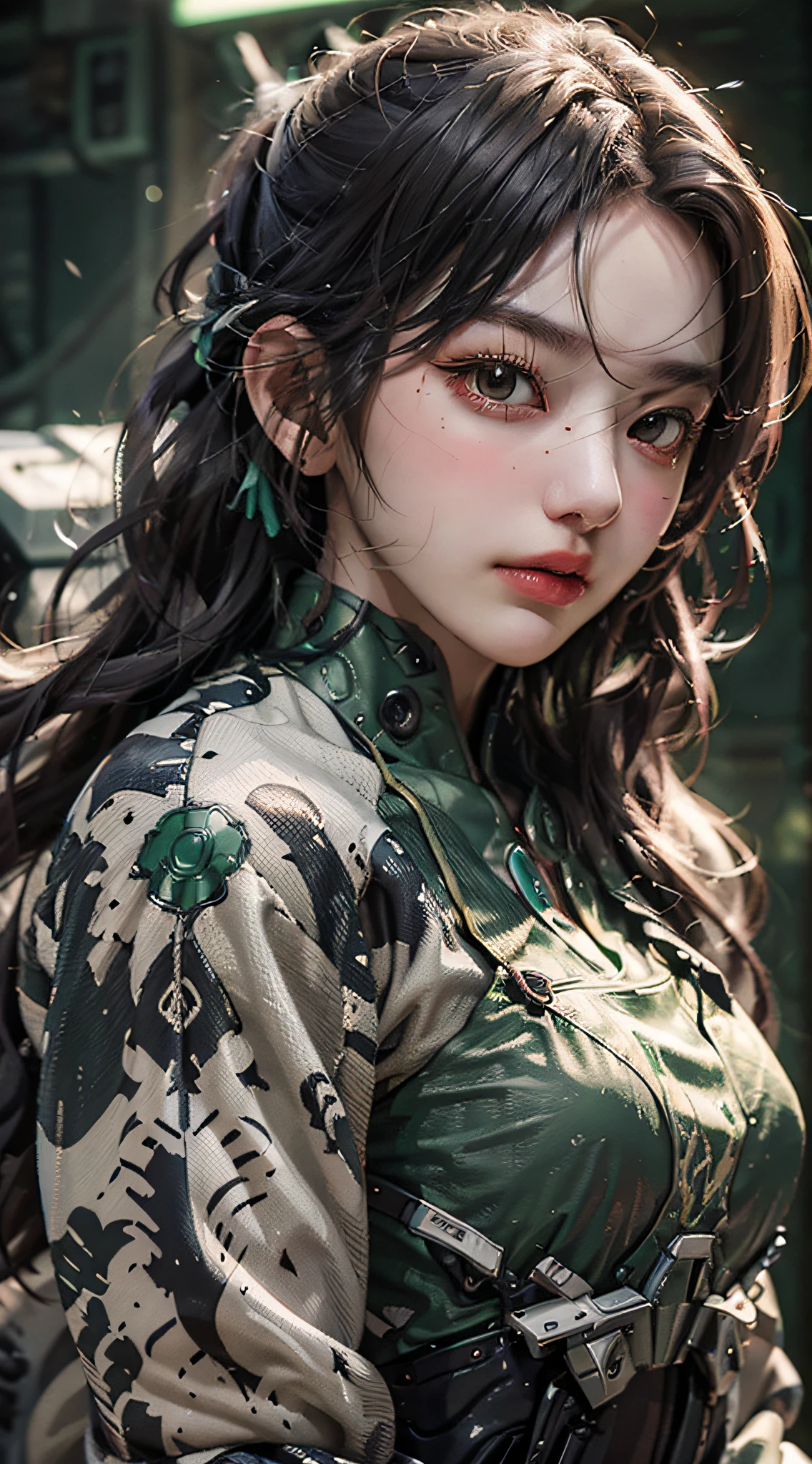 Highest image quality,Outstanding details,超高分辨率,(Fidelity:1.4),The best illustration,Favor the details,Highly cohesive 1girl,He has a delicate and beautiful face,True face,Dressed in a black-green mech,Hold the direction controller,Ride a mecha motorcycle,The background is a high-tech lighting scene in the future city。