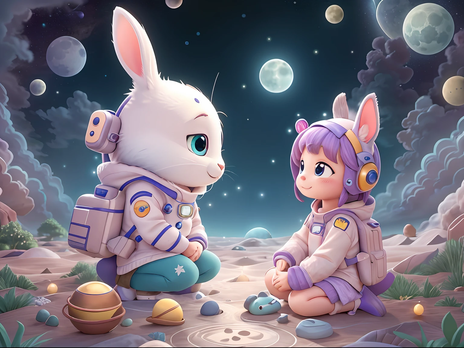 Tomo, wide-eyed full of surprise,、Meet a friendly space rabbit on the moon。 In the artwork、Tomo kneeling next to a rabbit is depicted.、Both of them are surrounded by sparkling moon dust。 The style of the artwork is adorable and weird.、Has a touch of fantasy。 Tomo and the space rabbit exchange happy glances、The atmosphere of this work, which forms an instant connection in the lunar landscape, is、Fun and curious。