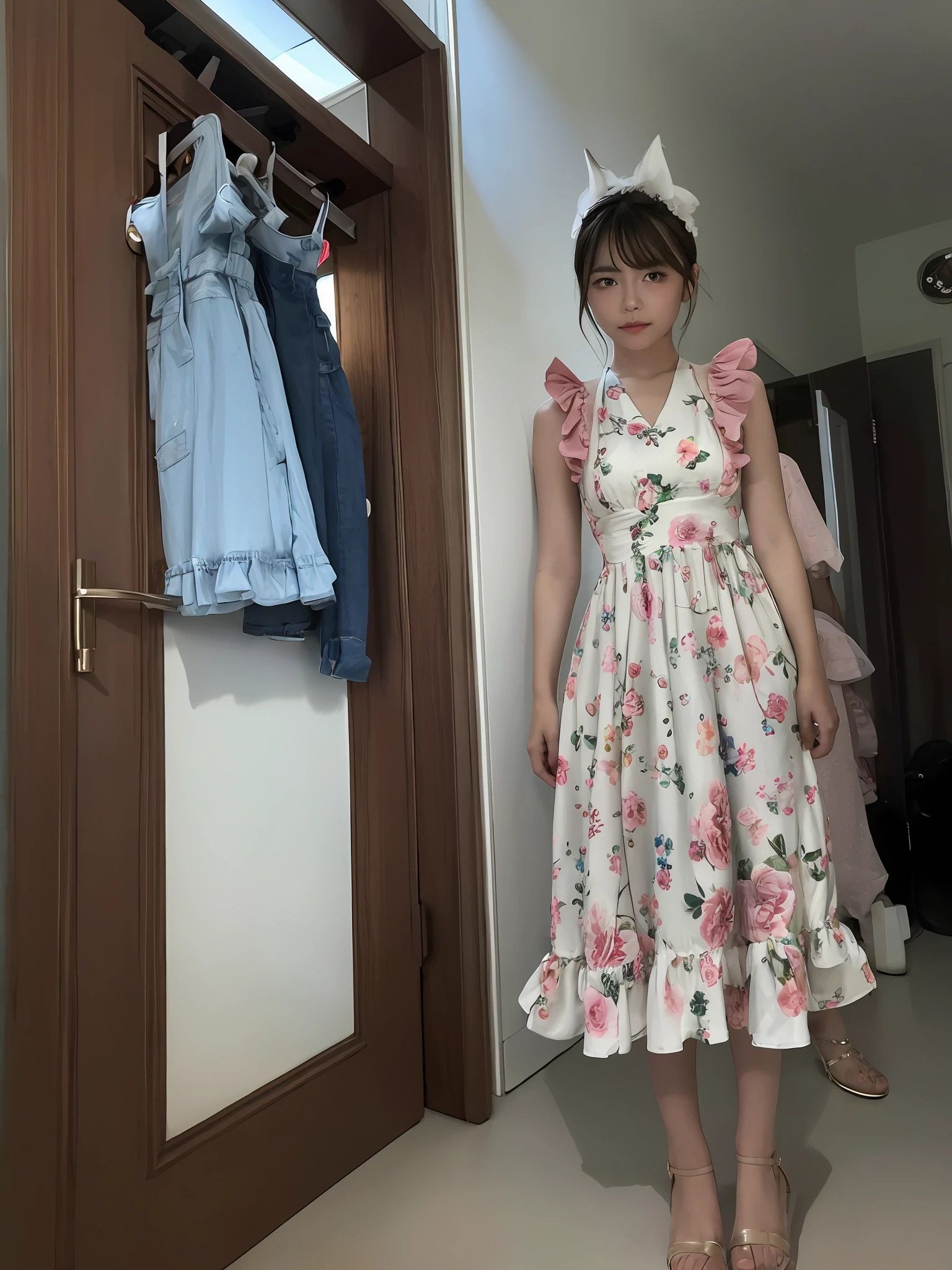 A young girl stands in front of the door, loli in dress, wearing in a summer dress, wearing sundress, wearing a long flowery dress, wearing dresses, Wearing a gorgeous dress, Wearing a dress, wearing a sundress, Summer dress, height of 165cm, opened dress, wearing a sundress, dressed in a flower dress
