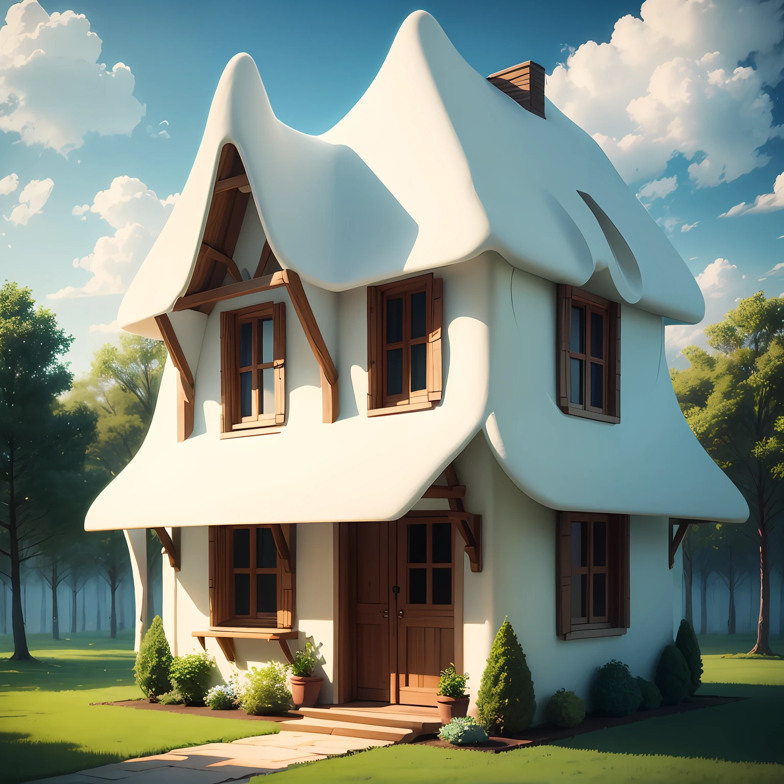 Small house made of marshmallows,the trees,janelas,Soft,Clouds,cute-style,Childlike --auto