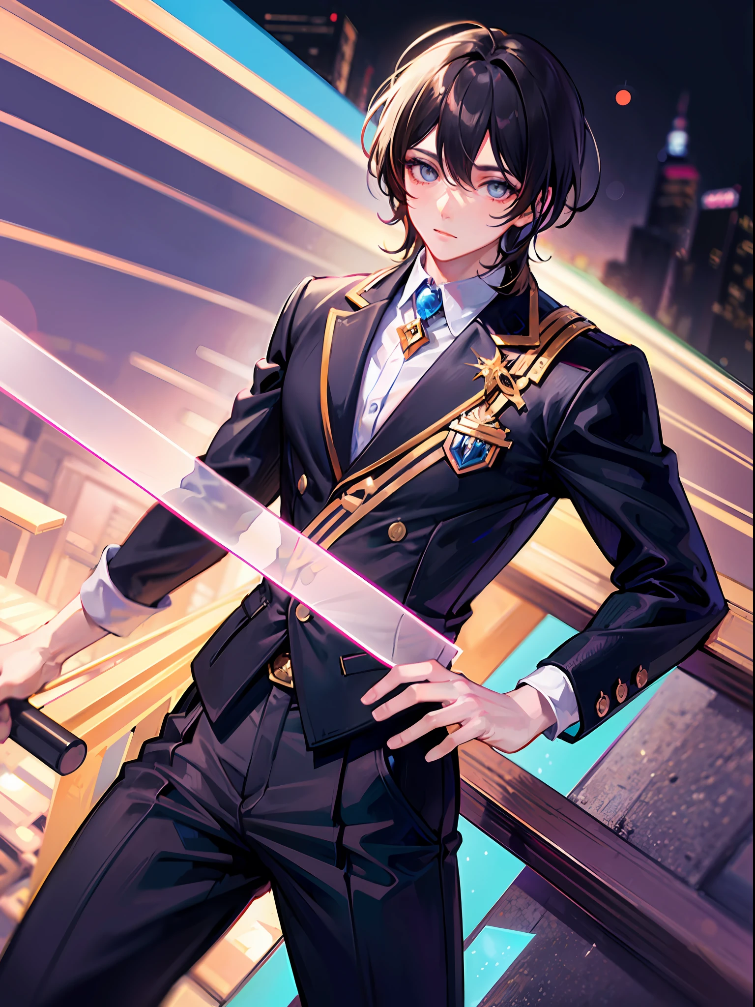 "Create a masterpiece picture with an ultra-high quality city background, featuring a handsome and elegant boy with captivating eyes amidst vibrant neon and pastel colors."