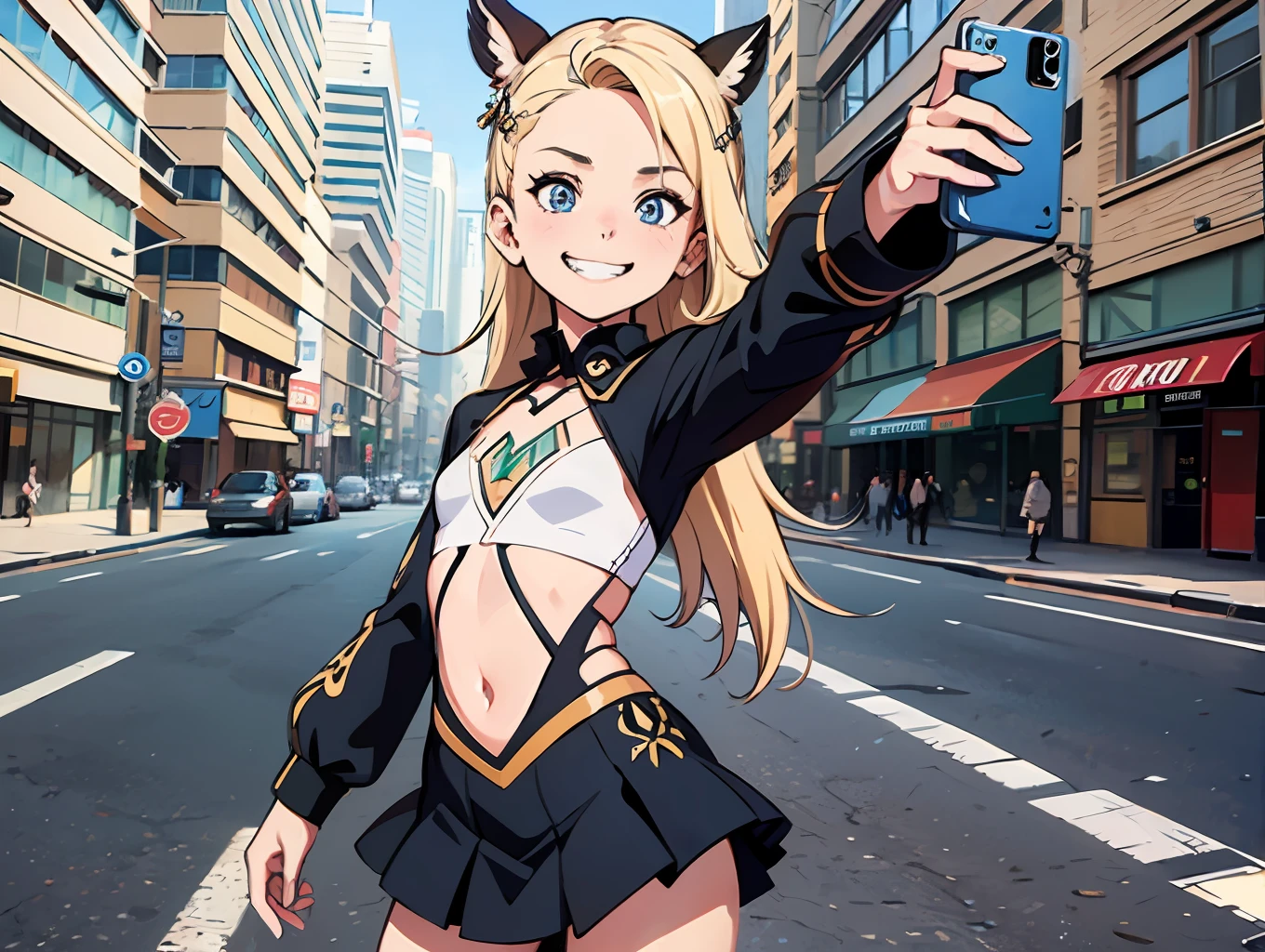 An ultrarealistic selfie of a skater girl, (petite, flat chest, small breasts, long blonde hair, cocky grin), skating alongside busy street, by sandra chevrier and greg rutkowski and wlop, bright light, digital art, highly detailed, fine detail, intricate, ornate, complex, octane render, unreal engine, photorealistic, 8k, 16k,