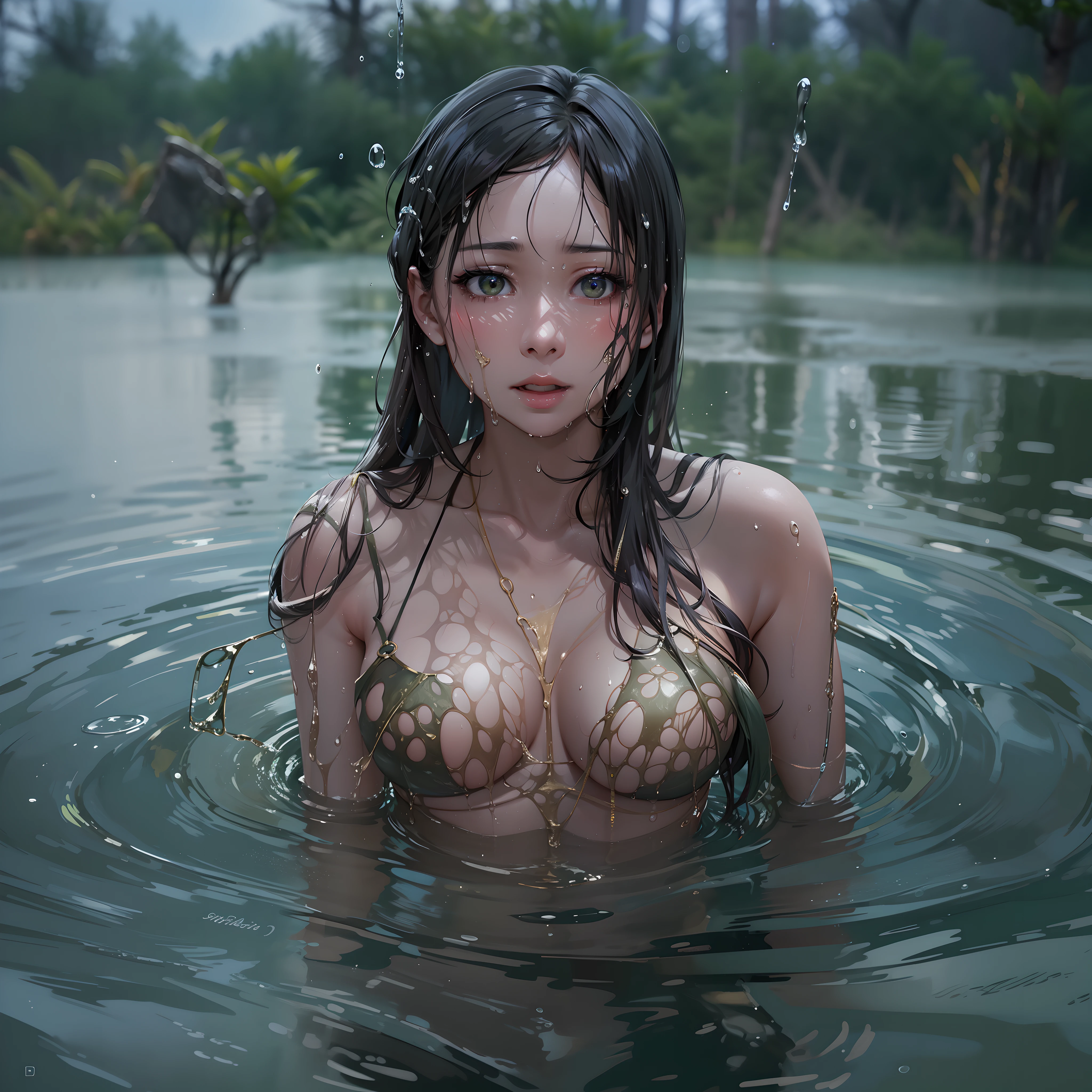 a close up of a person in a body of water, gorgeous asian model, 4 k glamour photography, wet surface, boiling, swamp thing, feminine beautiful face, very famous photo, alluring eyes, photorealistic, stunning woman, ai, sweaty wet skin