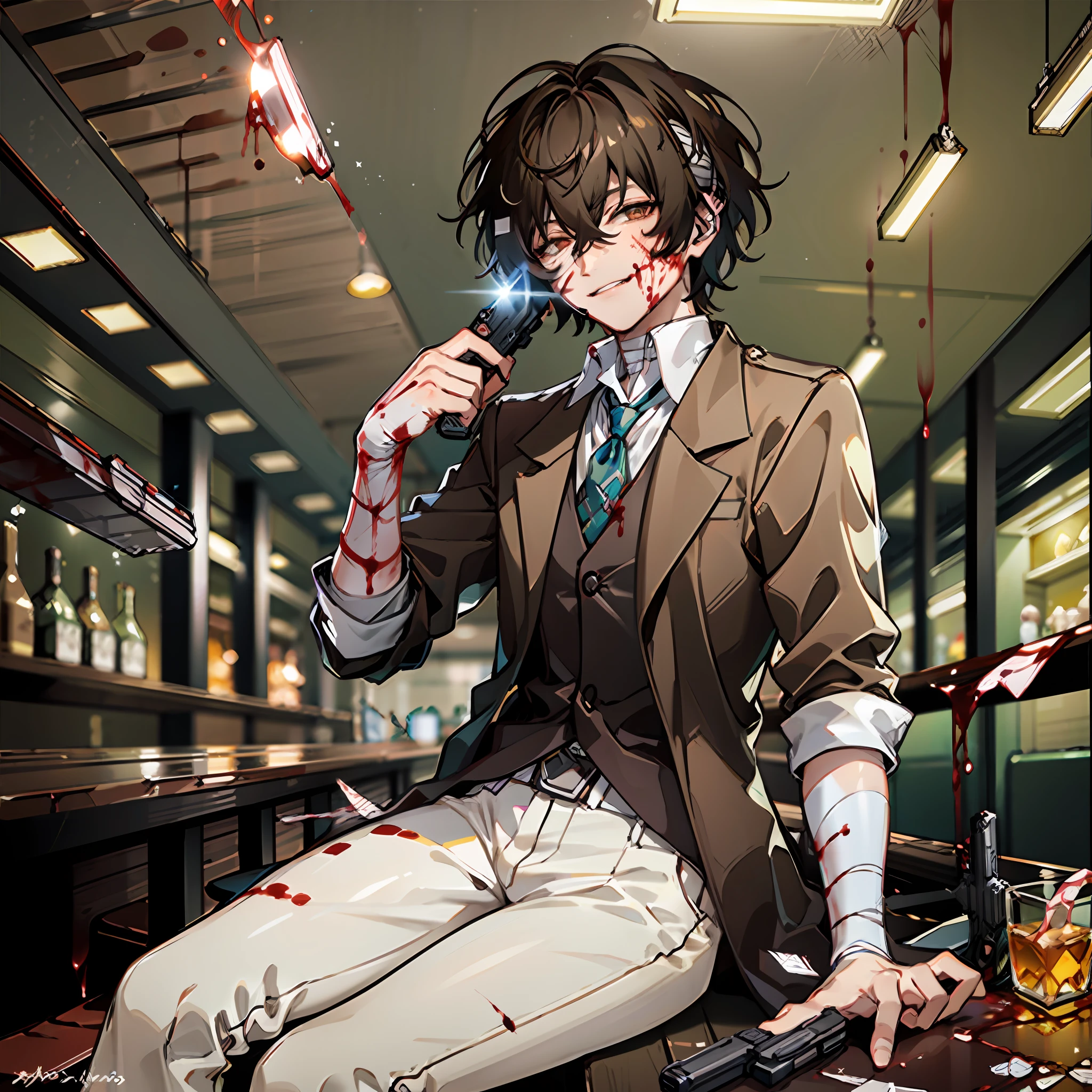 (masterpiece, best quality:1.2), cowboy shot, solo, male focus, 1boy, dazai osamu, brown jacket, white pants, bandages, (blood:1.1), sitting in a bar, dark, sitting, smirk, glowing eyes, gun on table, blood splash on  face, mafia, holding gun to his own head, toungle out, (pistol:1.1), gun in hand, gun, gun to head, holding gun to head, holding gun, good anaromy, beautiful, better details, better pistol, (pistol)