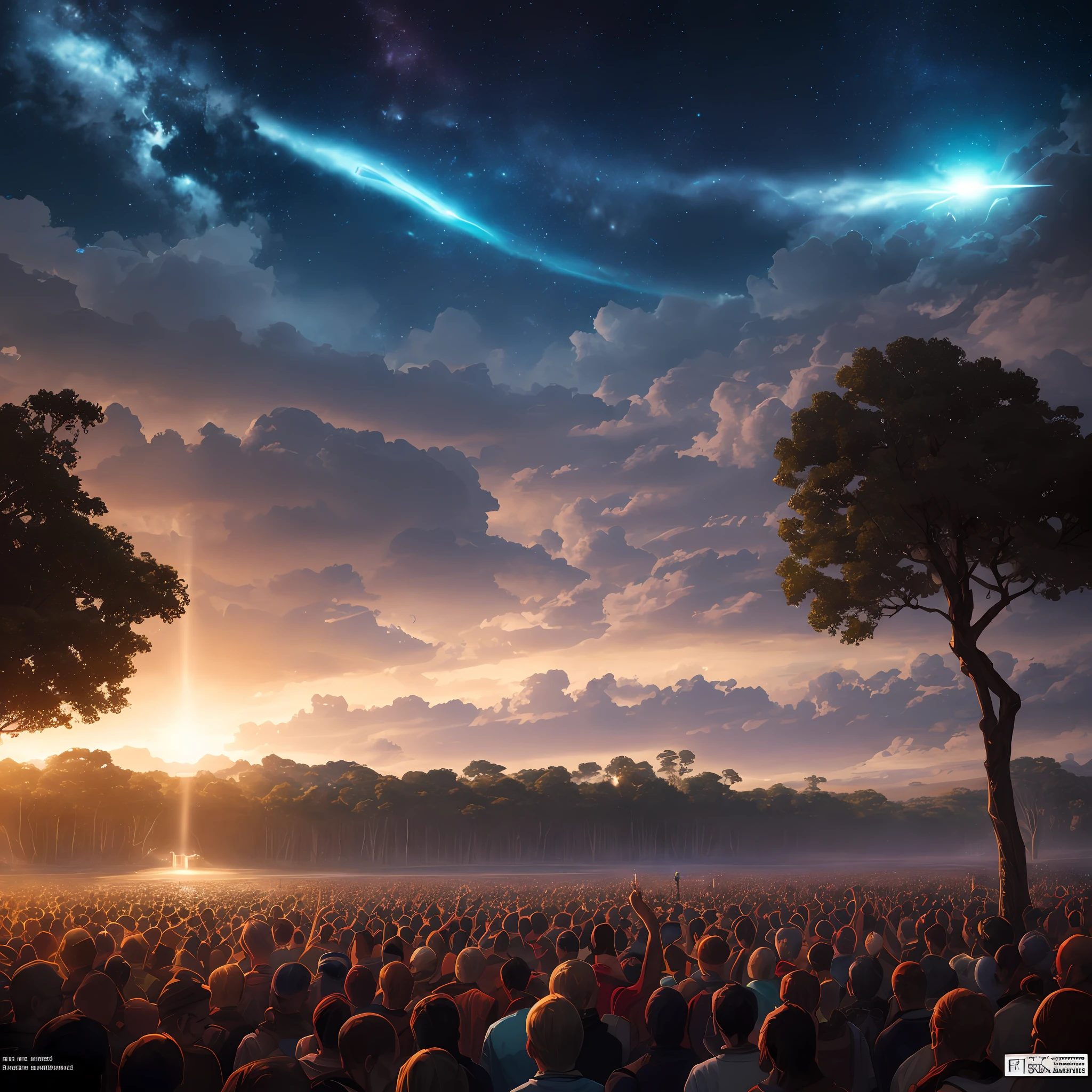 A beautiful land full of water and trees, intrincada, obra-prima, especialista, insanamente detalhada, 4k, compositing, enquadramento, centrado, simetria, pintada, intrincada, volumeric lighting, bela, rica obra-prima de cores profundas, foco nítido, ultra detalhado, no estilo de dan mumford e marc simonetti, astrofotografia, An extremely strong light coming from the sky, crowd with arms up, --auto