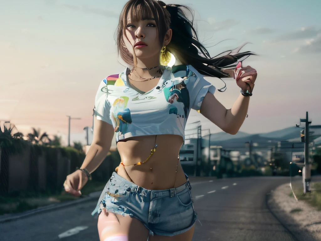 a girl in a white top and pink shorts is standing , by Quentin Tarantino, 1girl, bracelet, brown_hair, jewelry, letterboxed, lips, long_hair, makeup, medium_breasts, midriff, nail_polish, navel, necklace, nose, orange_sky, pink_shorts, realistic, shorts, solo, sun, sunset, tattoo,wristband, yellow_background, yellow_sky, beautiful detailed glow, detailed, Cinematic light, intricate detail, highres, detailed facial features, high detail, sharp focus, smooth, aesthetic, extremely detailed, stamp, octane render,