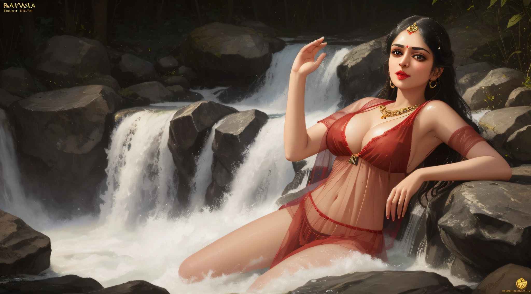 ((( by artist Raja Ravi Varma ))), Nair Lady taking bath in a water falls, see through dress, licking lips, (big :1.2), deep cleavage, wearing thin red lace see-through, red lips, seductive gaze, posing provocatively, innocently, make love with girl real photo volumetric lighting, photo-realistic, ultra detailed, best quality, Realistic, 8K, ultra-detailed, Unreal Engine, midjourney art style