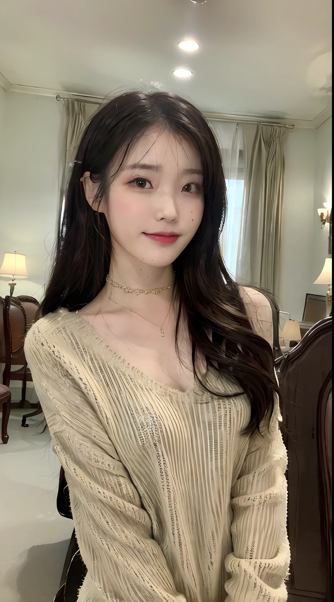 ((the night, 逼真光线, best qualtiy, 8k, tmasterpiece:1.3)), 1girl, Beautiful woman with a slim figure:1.4, Abs:1.1, (A brown-haired,, Long pink sweater:1.1, 浴室,Ultra-fine face,Elaborate Eyes,ssmile,choker necklace