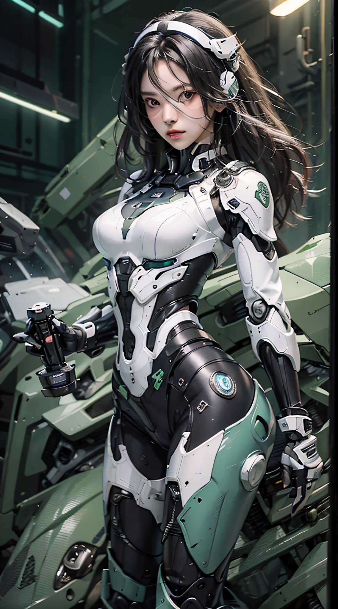 Highest image quality,Outstanding details,超高分辨率,(Fidelity:1.4),The best illustration,Favor the details,Highly cohesive 1girl,He has a delicate and beautiful face,Ultra-delicate face,Dressed in a black-green mech,Hold the direction controller,Ride a mecha motorcycle,The background is a high-tech lighting scene in the future city。