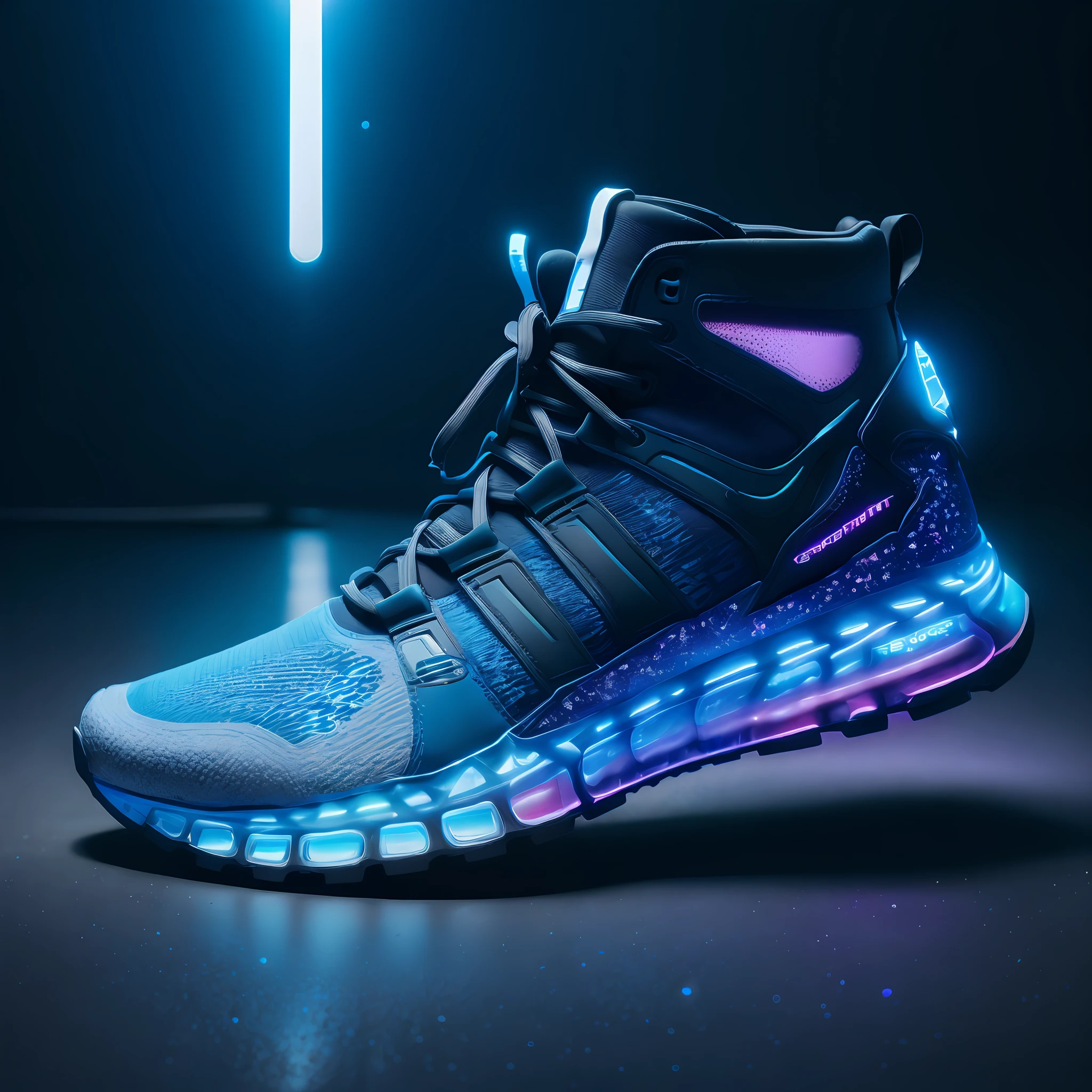 Product photography of cyberpunk sneakers，Epic rendering，octanerender，atmospurate，Particle，Soft volumetric light，（The light from the back window is backlighted：1.3），（cinematic ligh：1.3），Complicated details，（ArtStation：1.3）,Blue drifting particles,Blue and black are the main colors of sneakers