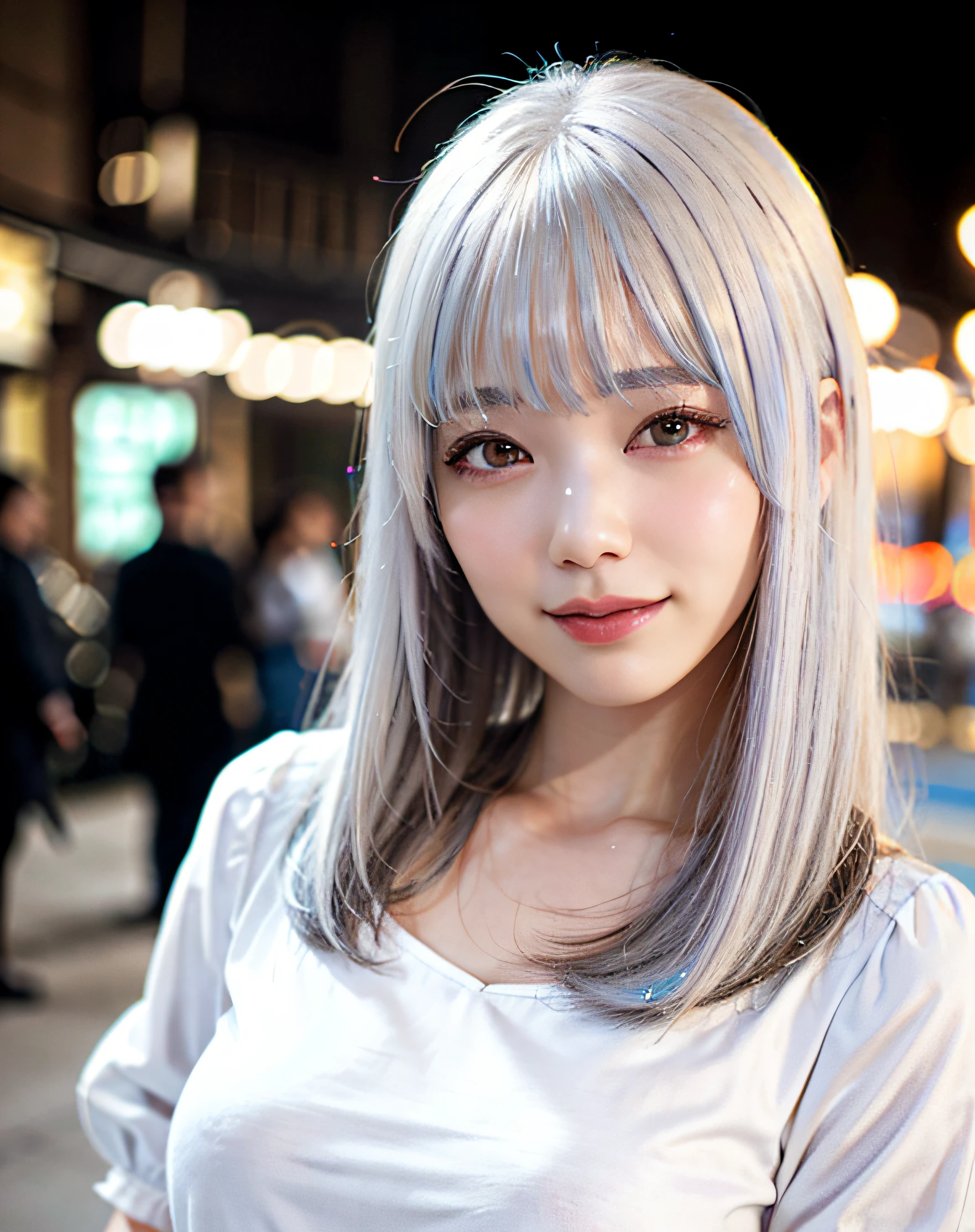 best quality, photorealistic, 8k, high res, 1girl, woman,(skindentation), (large breast), (professional lighting, bokeh), (street), (people, crowds:0.6), market,  (night:1.2),(white hair:2.0), (blouse:1.5), (portait:0.6), gorgeous, bloom, (floating hair),(light particles, lens flare, glowing particles:0.6), (dynamic pose:1.2), soft lighting,