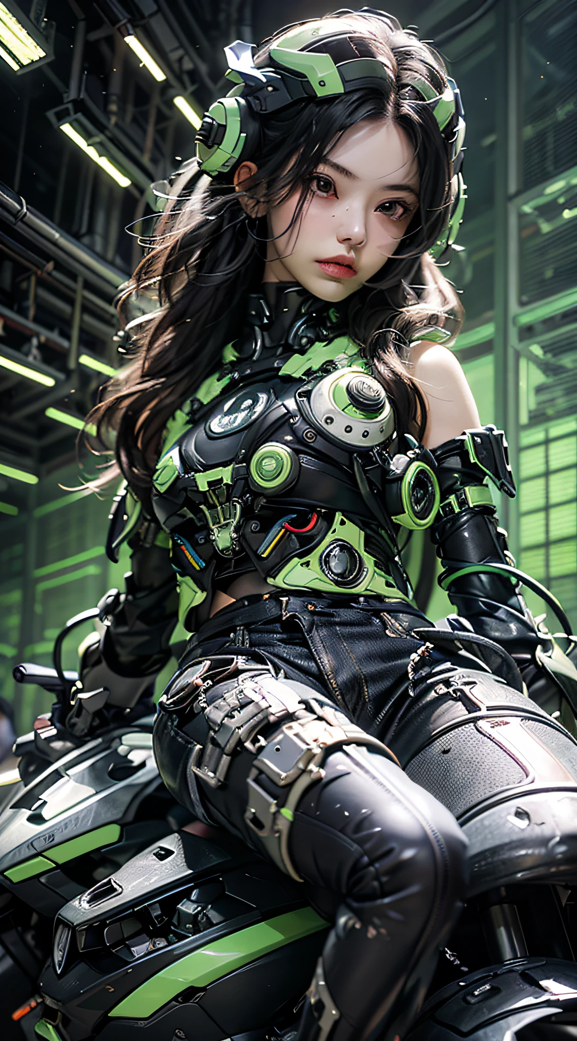 Highest image quality, outstanding details, ultra-high resolution, (realism: 1.4), the best illustration, favor details, highly condensed 1girl, with a delicate and beautiful face, dressed in a black and green mecha, wearing a mecha helmet, holding a directional controller, riding on a motorcycle, the background is a high-tech lighting scene of the future city.