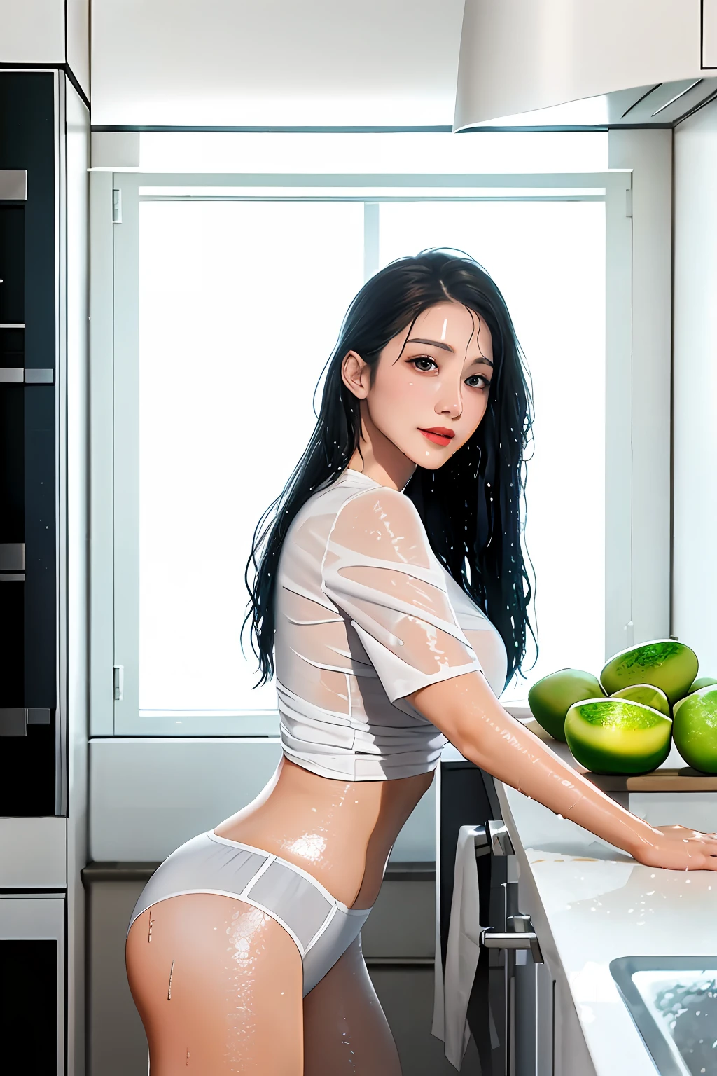 Beautuful Women,The shirt,Wet,kitchens,rays of sunshine,cleanness,long whitr hair,photorealestic,The is exposed,nedium brease panties,Meloface,maidennurse