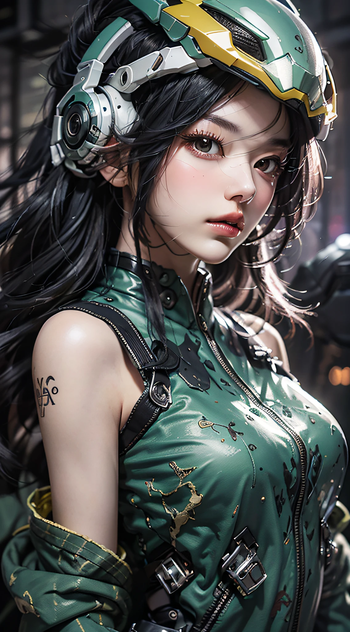 Highest image quality,Outstanding details,超高分辨率,(fidelity:1.4),The best illustration,Favor the details,Highly cohesive 1girl,He has a delicate and beautiful face,Dressed in a black-green mech,wearing a mech helmet,Hold the direction controller,(Ride on a motorcycle 1.3),The background is a high-tech lighting scene in the future city。
