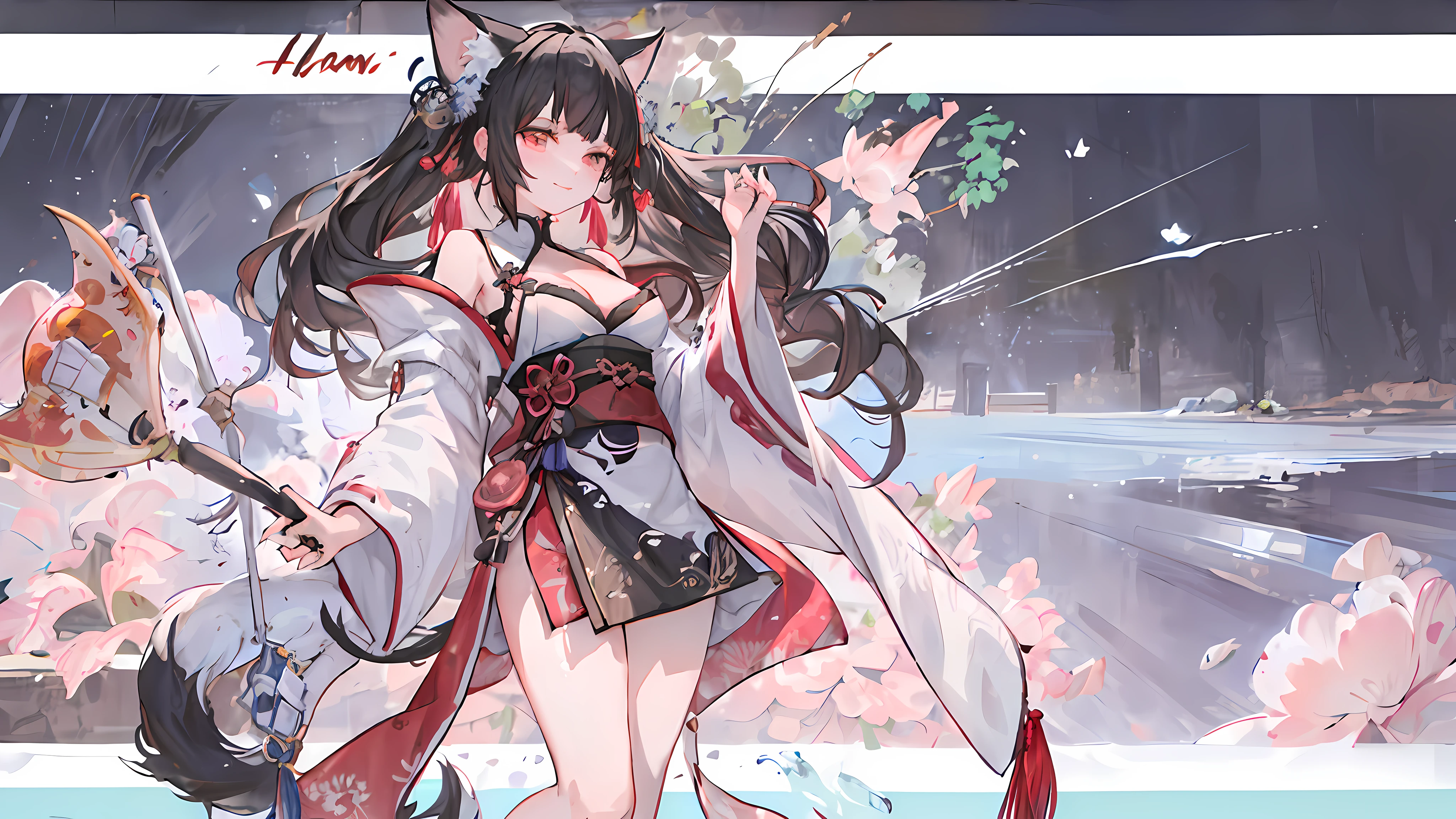 （（4K，tmasterpiece，best qualtiy）），Exquisite facial features，Nice face，cleavage，Leaking out of the chest，Raised sexy，seductiv，best qualtiy，tmasterpiece，ultra - detailed，1girll， water ink， Chinese traditional painting， lotus flower，Summer pond background，pool， Hanfu， Black hair，Exposed flesh，Bare legged， 独奏， Ancient Chinese clothing，National style background，Cat-cat anthropomorphism，bell，brunette color hair，Cat ears，cat paws，a cat tail，， Blue long hair， ssmile， standing on your feet， feet in water，