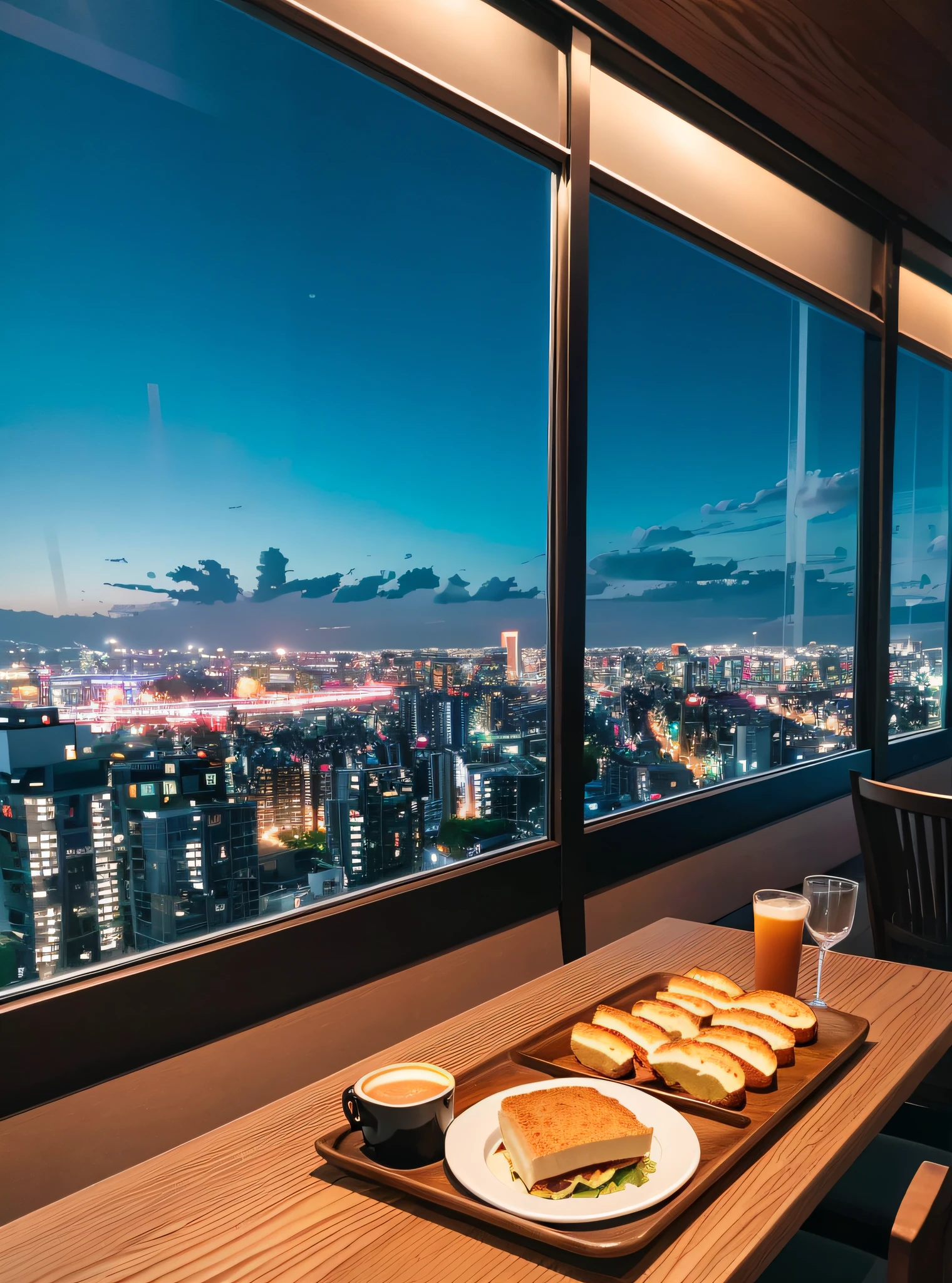 There is a tray on the table,There were sandwiches and a cup of coffee inside, chill time. Good view, ❤🔥🍄🌪, set in tokyo rooftop, shot on a Canon EOS R5, shot on canon eos r 5, rooftop romantic, cafe in the clouds, shot with sigma f / 4. 2, shot with sigma f/ 4.2
