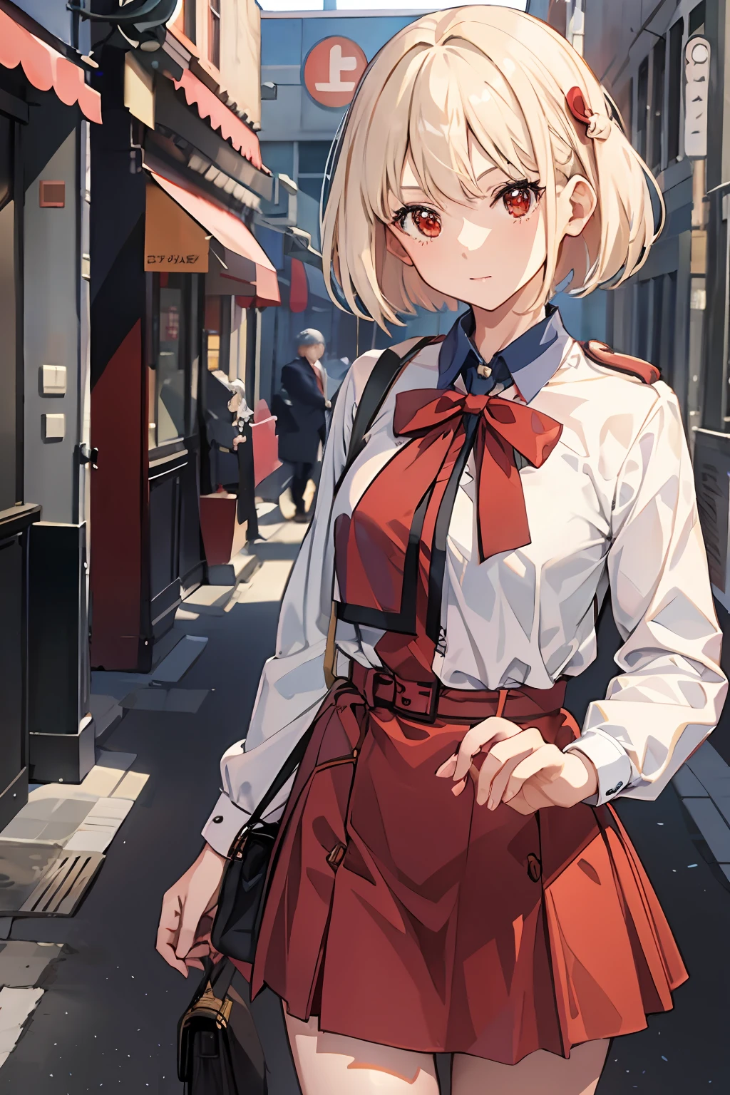 ​masterpiece, top-quality, Chisato Nishikiki、Platinum Blonde Hair、Anime girl with red eyes,bob cuts,Anime visuals of cute girls,Smooth Anime、an anime girl、hi-school girl、Plaid uniform、long-sleeve, Plaid Dresses