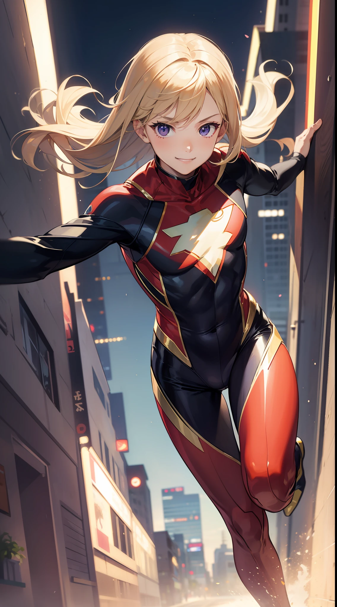 Young boy, long blonde hair, violet eyes, Superhero Uniform, ssmile, running, Speedforce, Masterpiece, hiquality