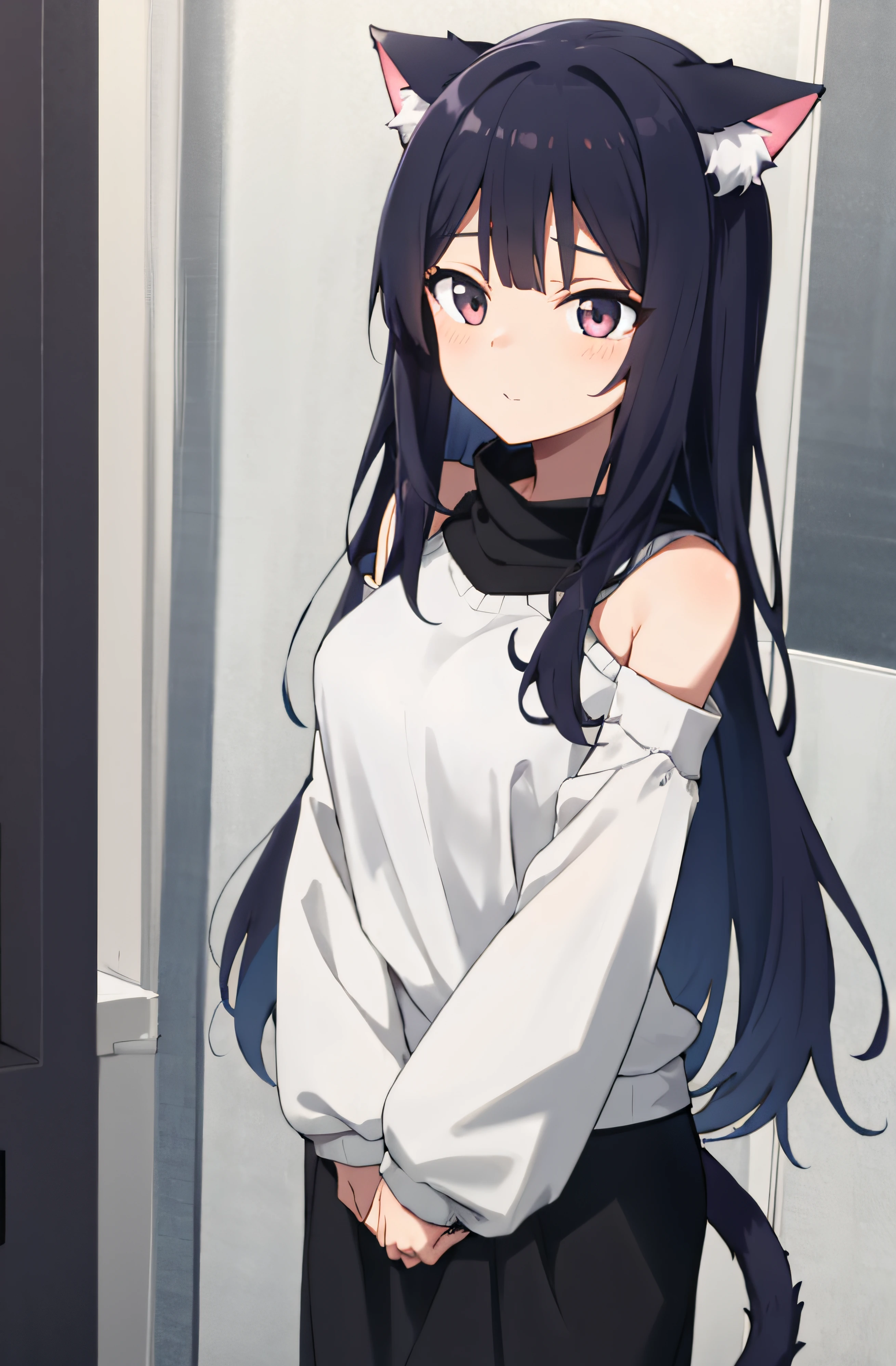 anime girl (long grey hair:1.1), medium breast, grey-black hair, cat ear , oversize sweatshirt,oversize sleeves, devil tail, devil eyes,@Koshchka