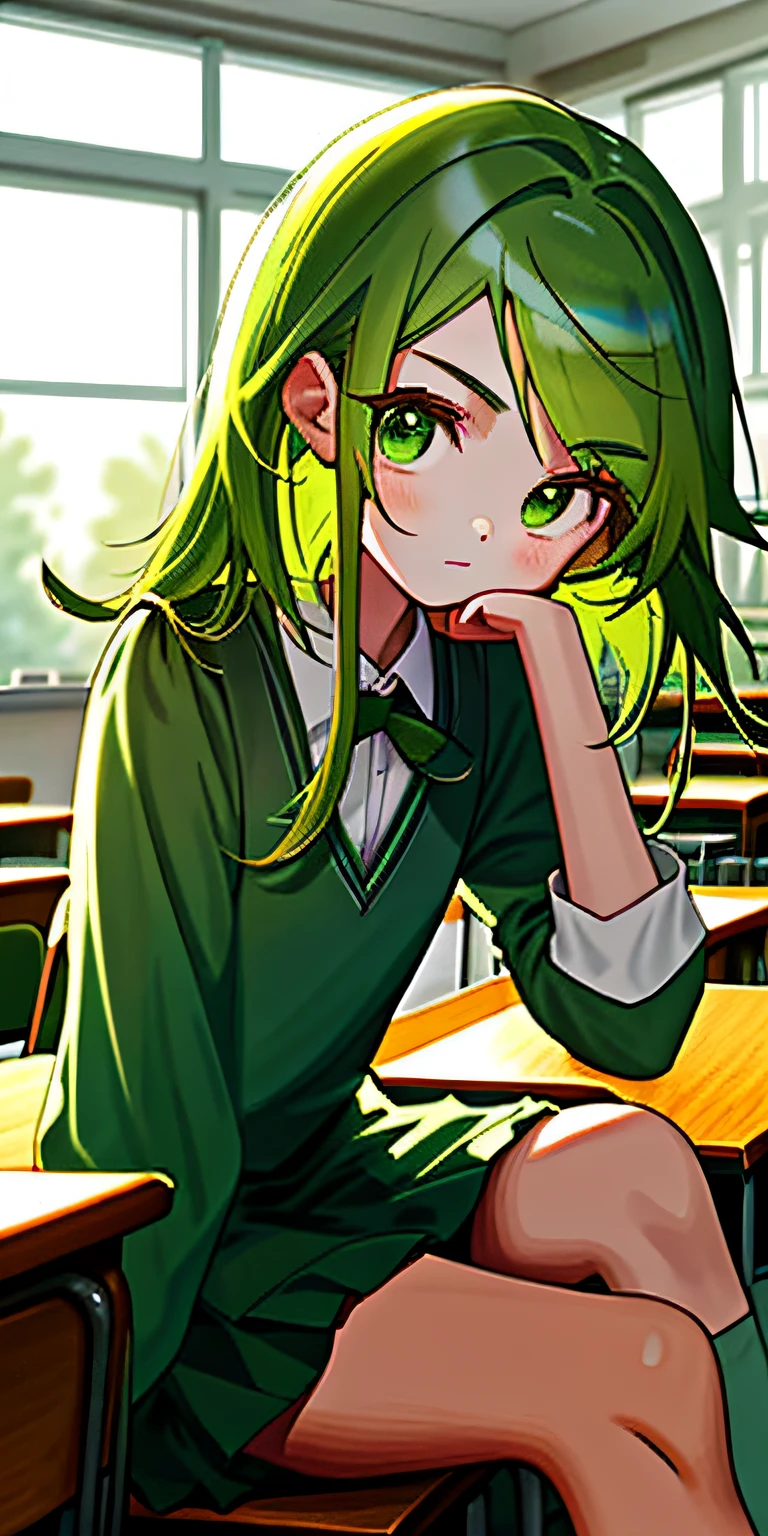(masterpiece, best quality),1girl with green hair and emerald green eyes sitting in classroom, she is facing us. She has a cute face, little petite body