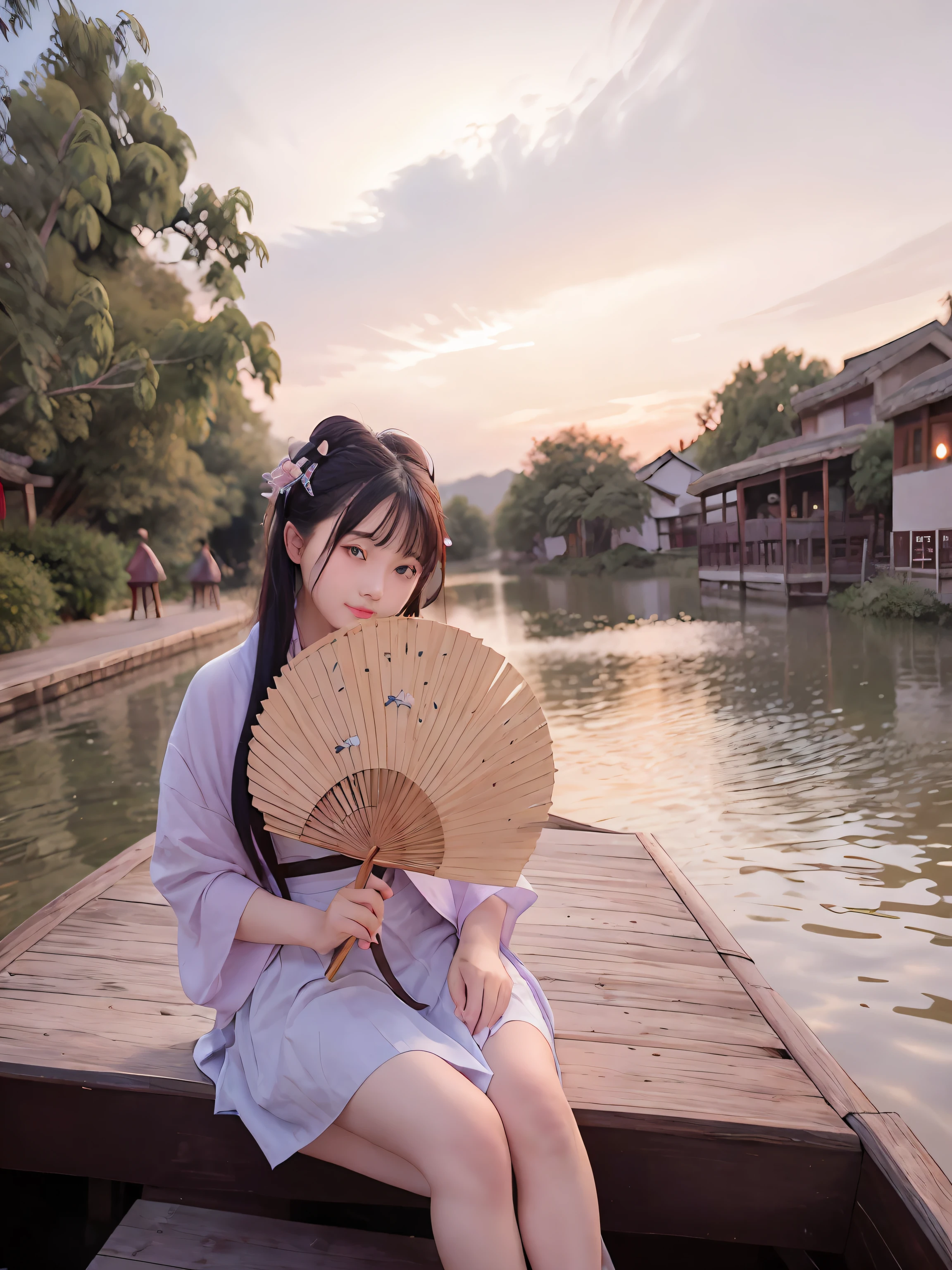 Beautiful girl sitting on a wooden boat,Hold a fan in front of the water body, sitting in a small bamboo boat, zhouzhuang ancient town, xintong chen, cover photo portrait of du juan, wenfei ye, Sexy girl, inspired by Ye Xin, With sunset, The colors of the sky live peacefully with the watercolors around them,The face is delicate,Sense of leg detail,Visual lens,Sweet smile,Fleshy feeling on the legs --auto