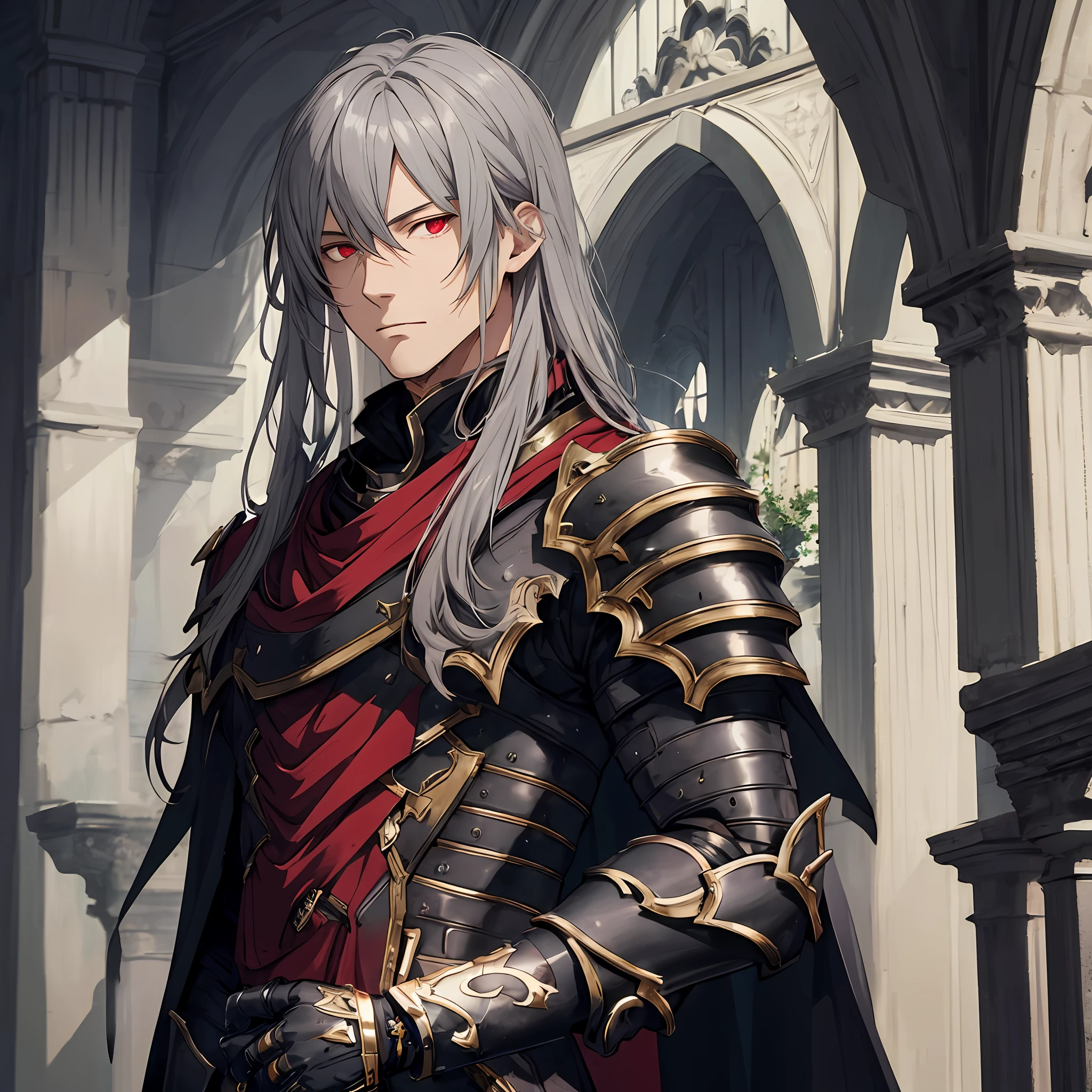 masterpiece, best quality, 1man, adult, male focus, solo, long hair, gray hair, vibrant red eyes, looking at viewer, cape, High quality metal texture, overcoat, closed mouth, upper body, bangs, high collar,(kbxll:0.6), Fantasy aesthetics, Highly detailed, shadowverse style, black armor, armored gloves, metallic gloves