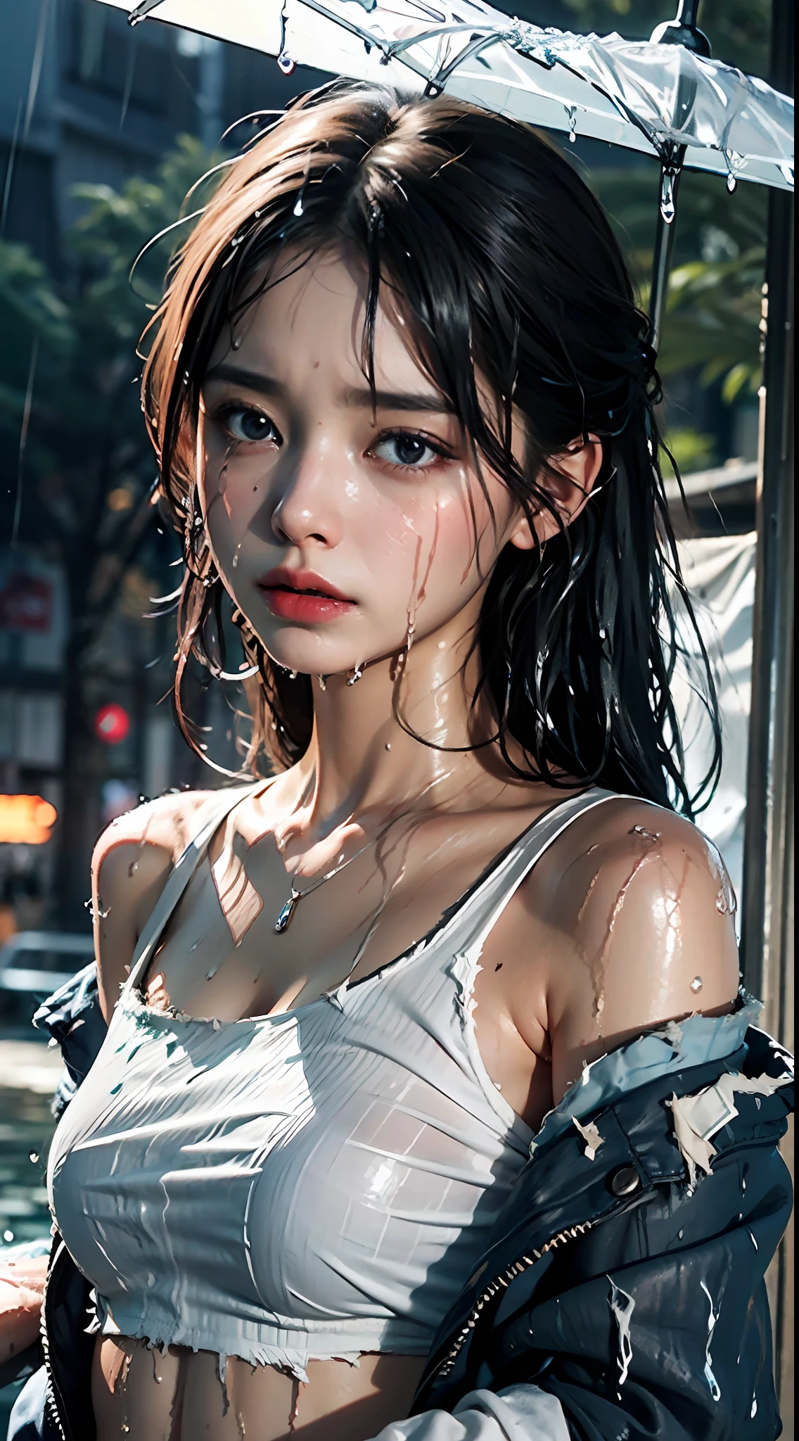 Best picture quality, masterpiece, ultra high resolution, (fidelity :1.4), photo, 1 girl,[(sadness)],white shirt, Dim, dark, desperate, pitying, pitiful, cinematic,tear,teardrop,(Torn clothes:1.5), (Wet clothes:1.4), bare shoulders,Real rain,wet hair,..