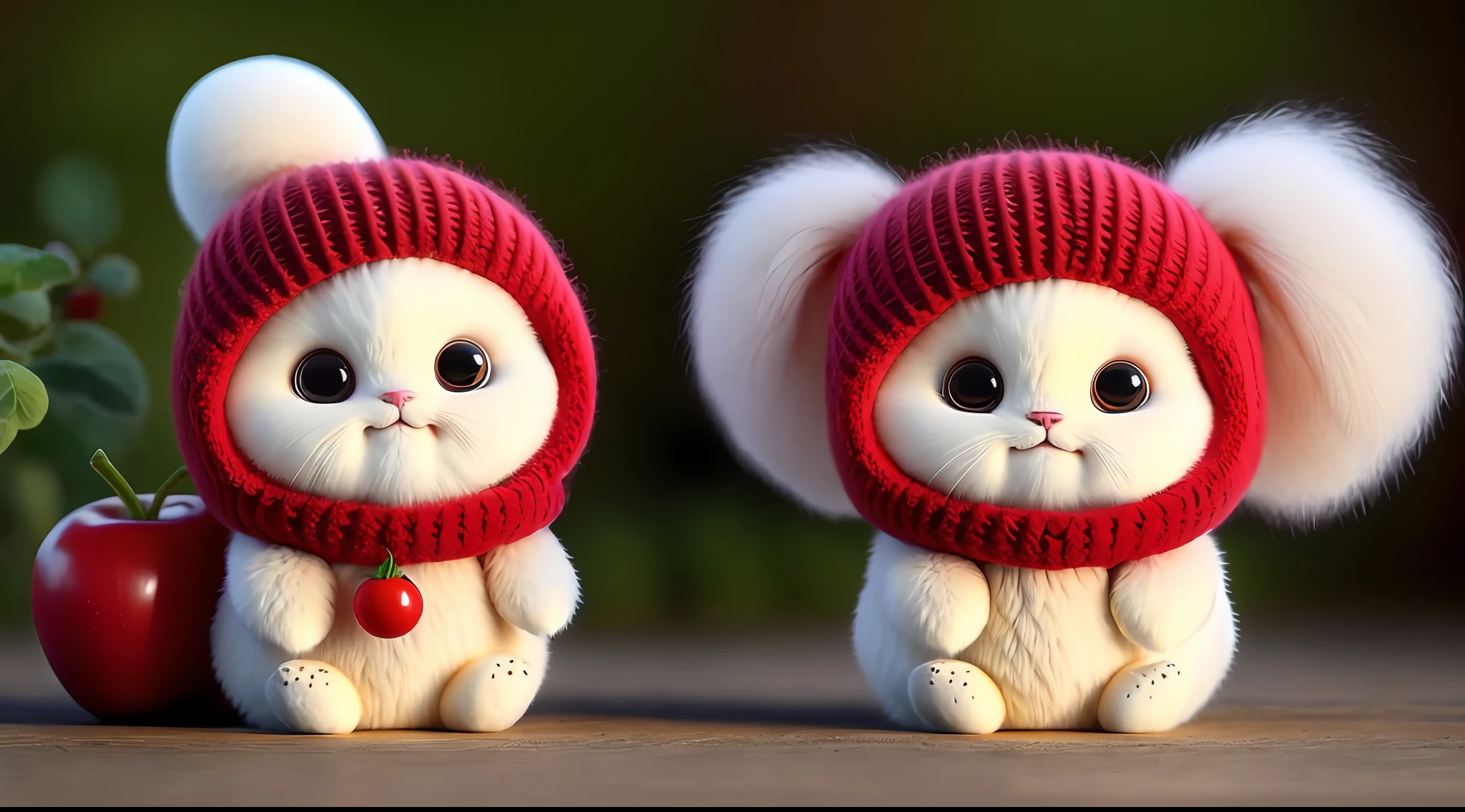 A fluffy cat , apple, dark circles, cherry, food, fruit, whole body, hat, non-human, tomato, watermelon