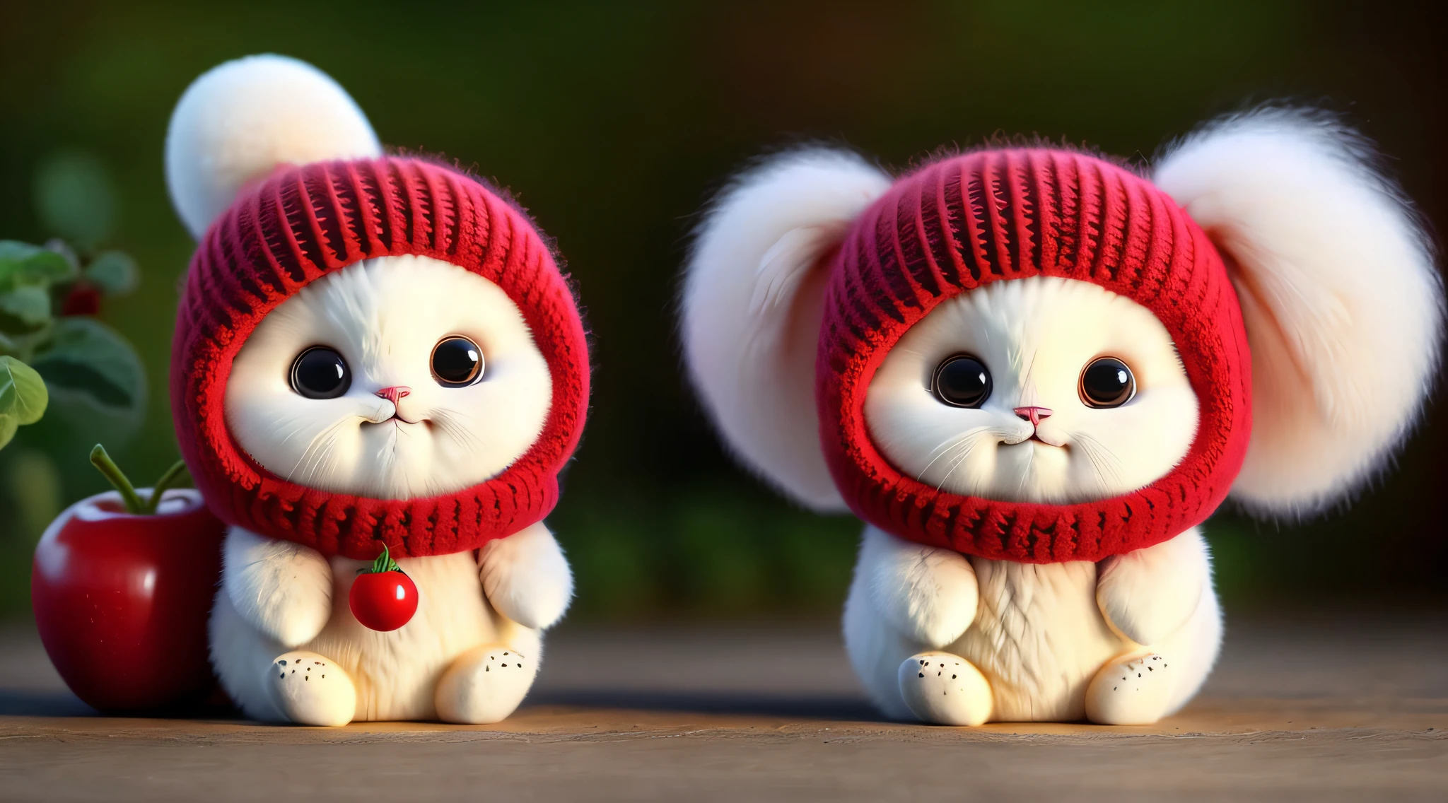 A fluffy cat , apple, dark circles, cherry, food, fruit, whole body, hat, non-human, tomato, watermelon