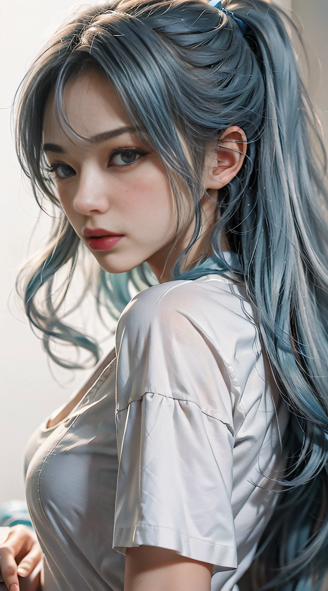 A pretty girl，(Beautiful facial features)，(Solid white background)，Shirt T-shirt，Bottom white zou skirt，(The inside of the hair is stained haze blue)，long whitr hair，petty face，white color hair，Best Picture Quality，tmasterpiece，Cinematic lighting effects，Fine skin