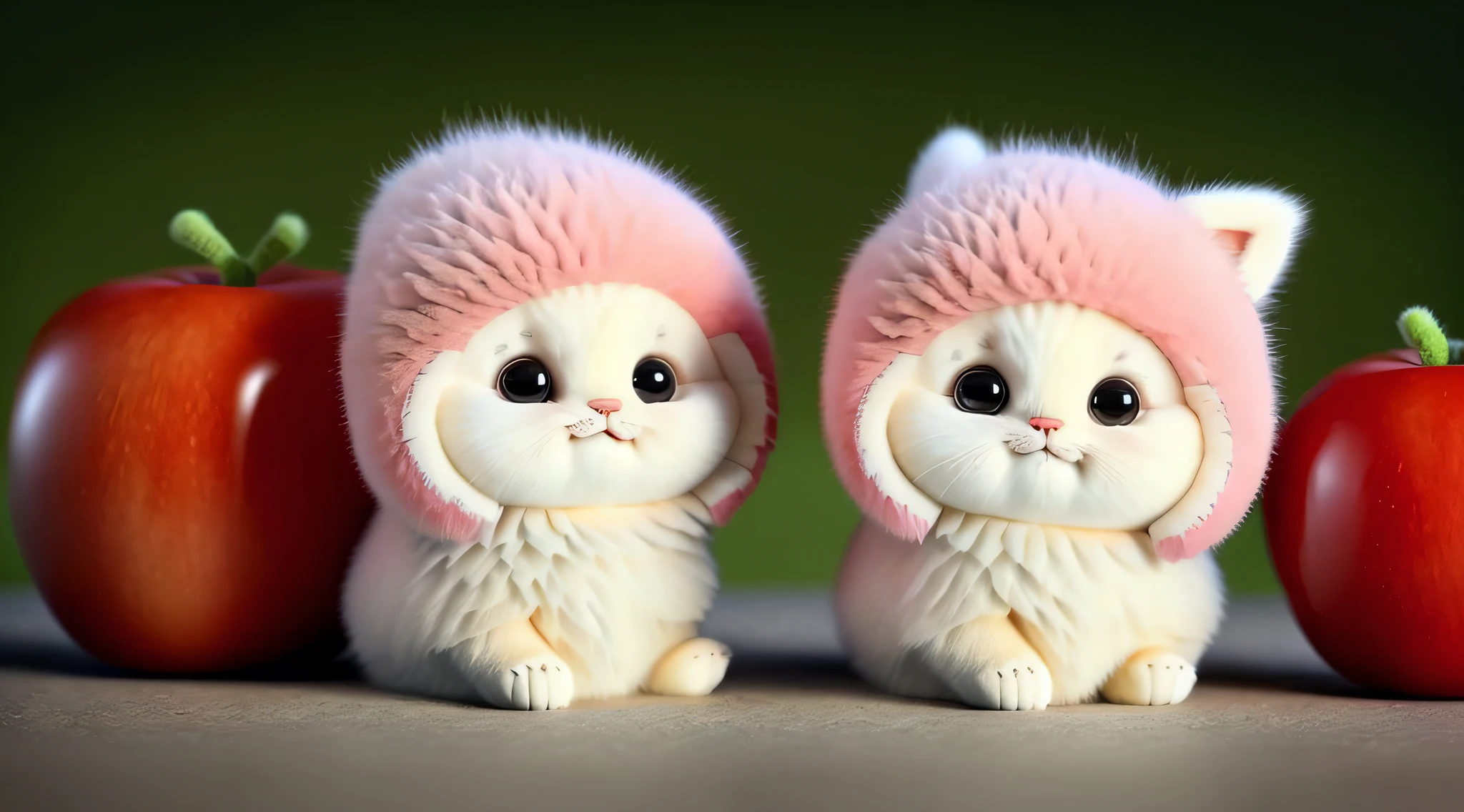 A fluffy cat , apple, dark circles, cherry, food, fruit, whole body, hat, non-human, tomato, watermelon
