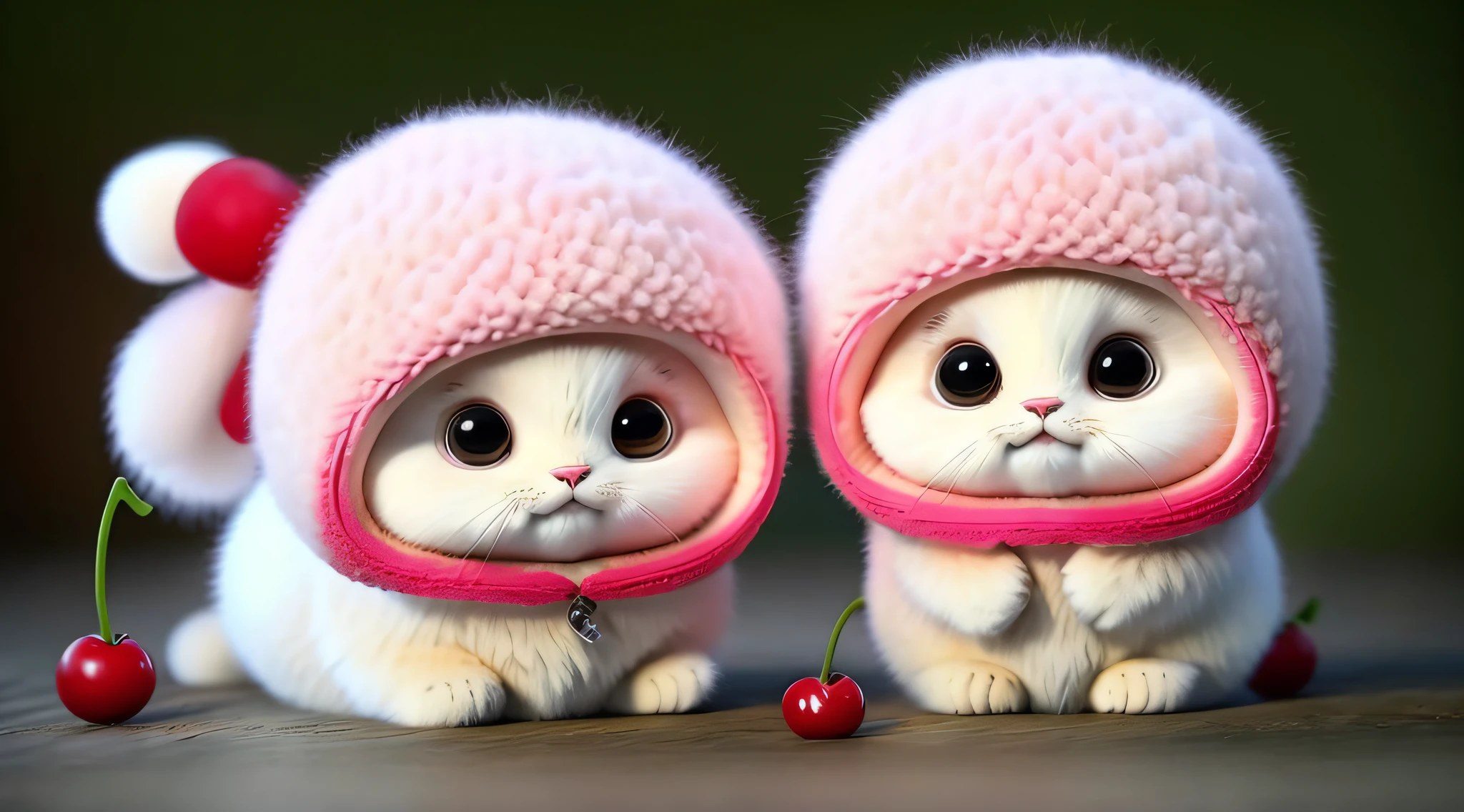 A fluffy cat , apple, dark circles, cherry, food, fruit, whole body, hat, non-human, tomato, watermelon